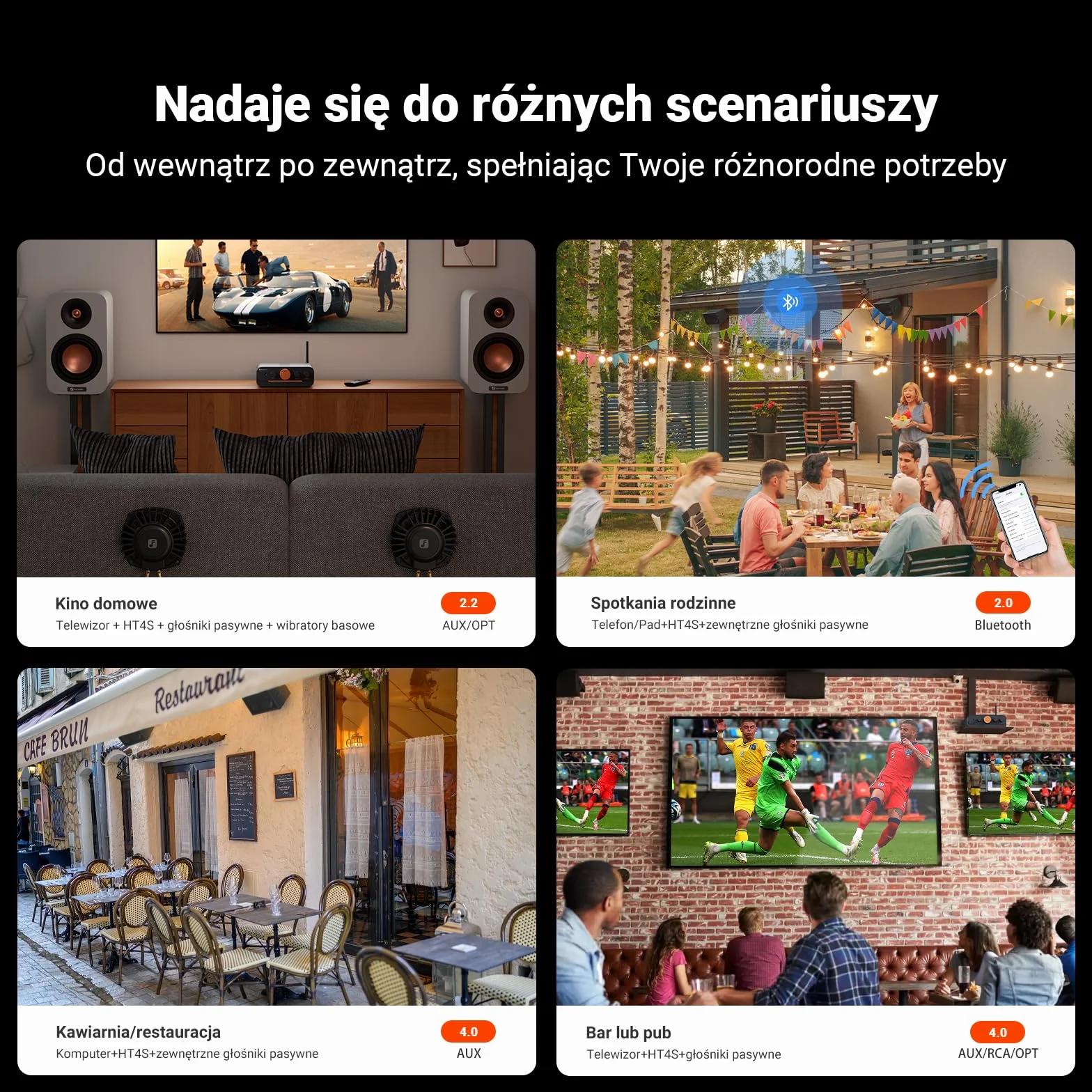 Fosi Audio HT4S Wzmacniacz Bluetooth do Głośników Zewnętrznych, 4-Kanałowy Wzmacniacz Mocy do Kokpitu Wyścigowego Bass Shaker Sim, Stereofoniczny Domowy Odbiornik Audio 4.1/5.0 CH
