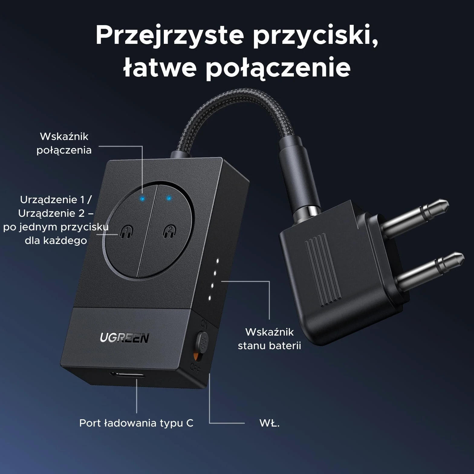 UGREEN Adapter Bluetooth 5.4 do samolotu, nadajnik AUX 3,5 mm, 19h baterii