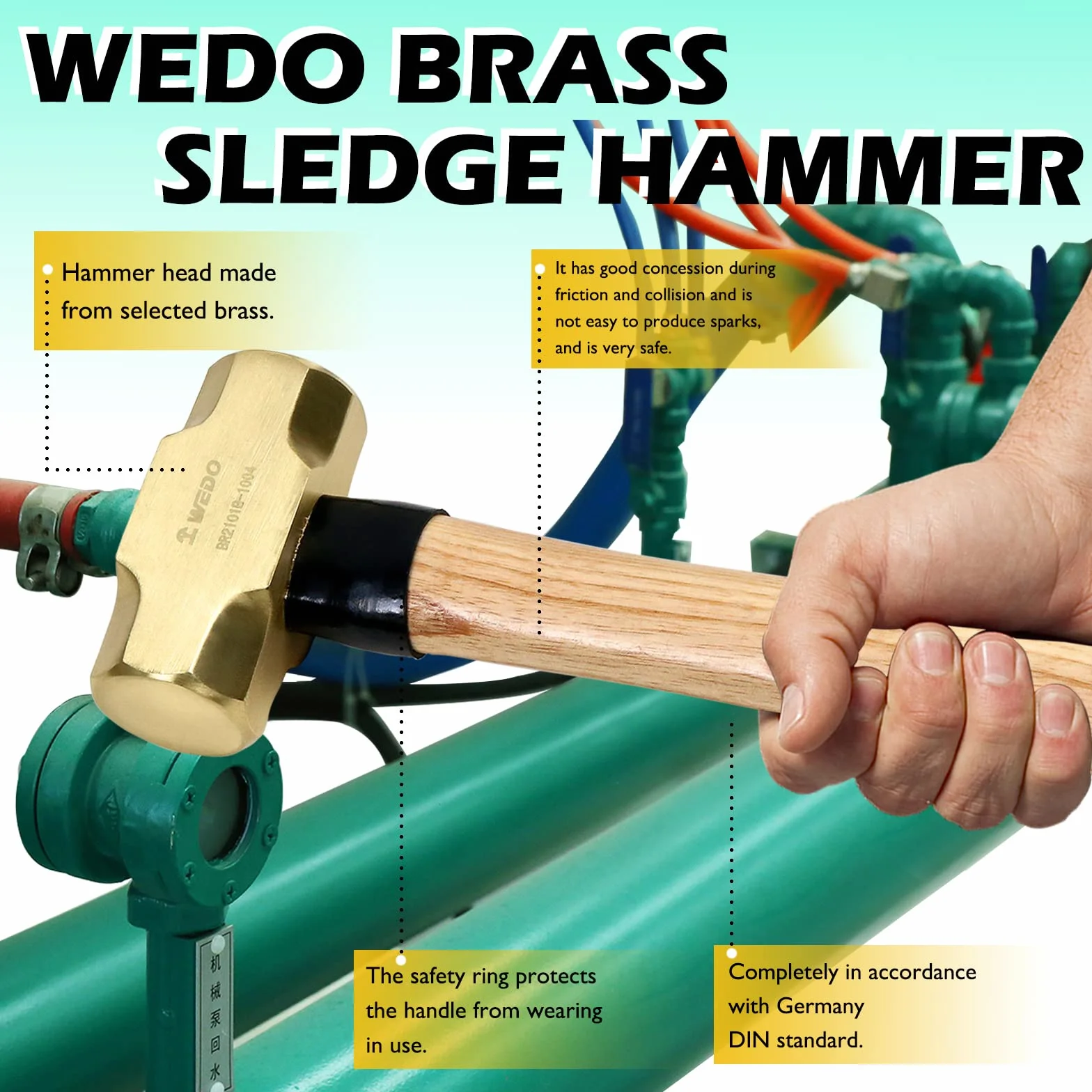 WEDO Mosiężny młot kowalski z drewnianym uchwytem, niemagnetyczny, kuty matrycowo, odporny na korozję, standard DIN, 1350 g, 360 mm