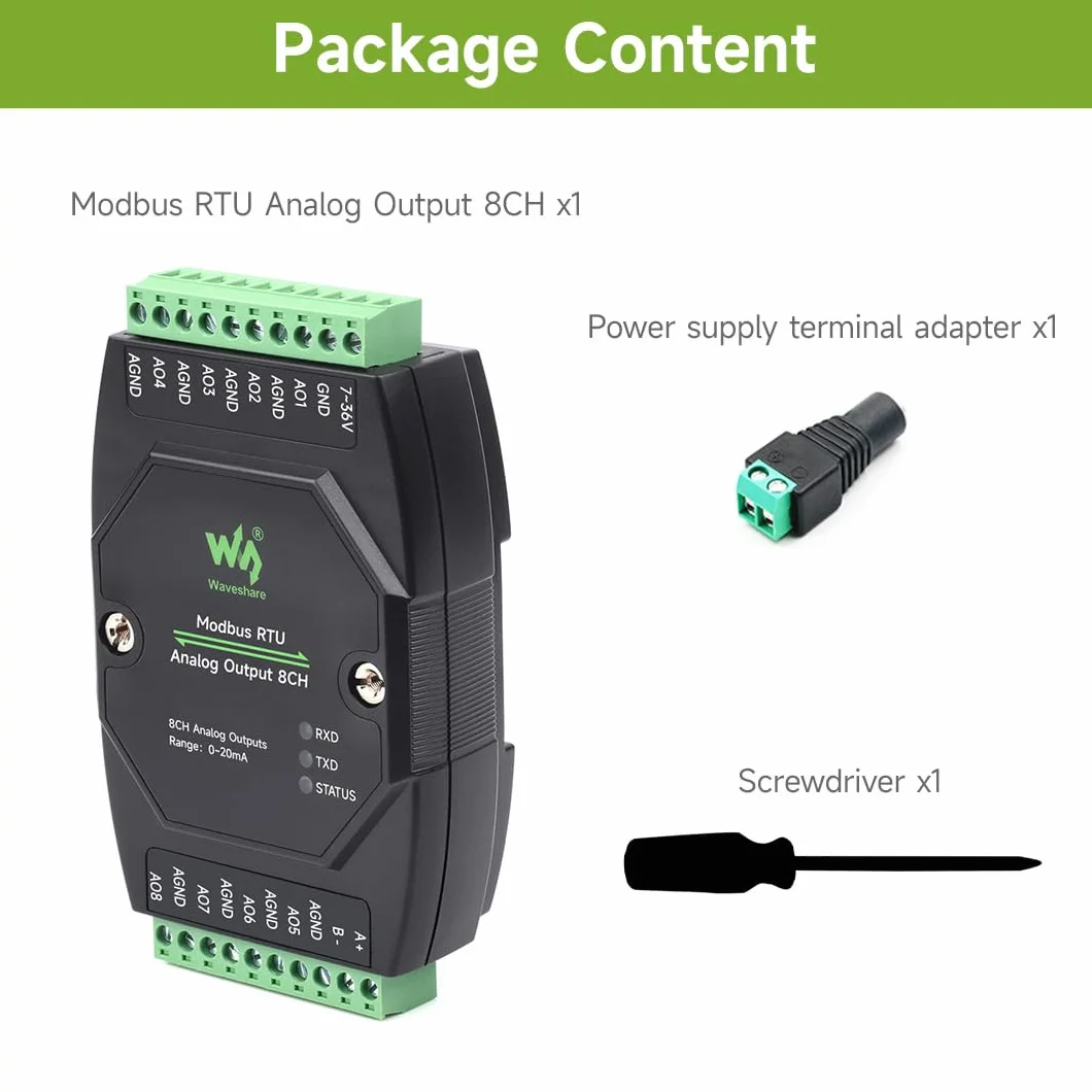 Waveshare Industrial 8-Ch Analog Output Module 12-Bit DA Modbus RTU DC 7-36V