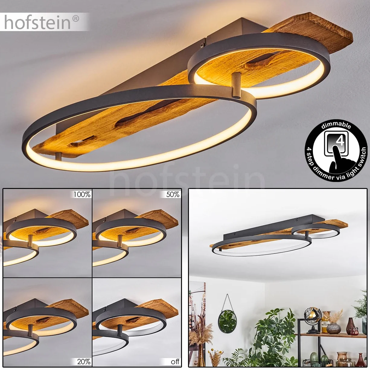 Lampa przysufitowa LED Nevogilde, ściemniana lampa przysufitowa z metalu/drewna/plastiku w kolorze antracytowym/naturalnym/białym, ściemniana, 3600 lumenów, 3000 K, LED 30 W