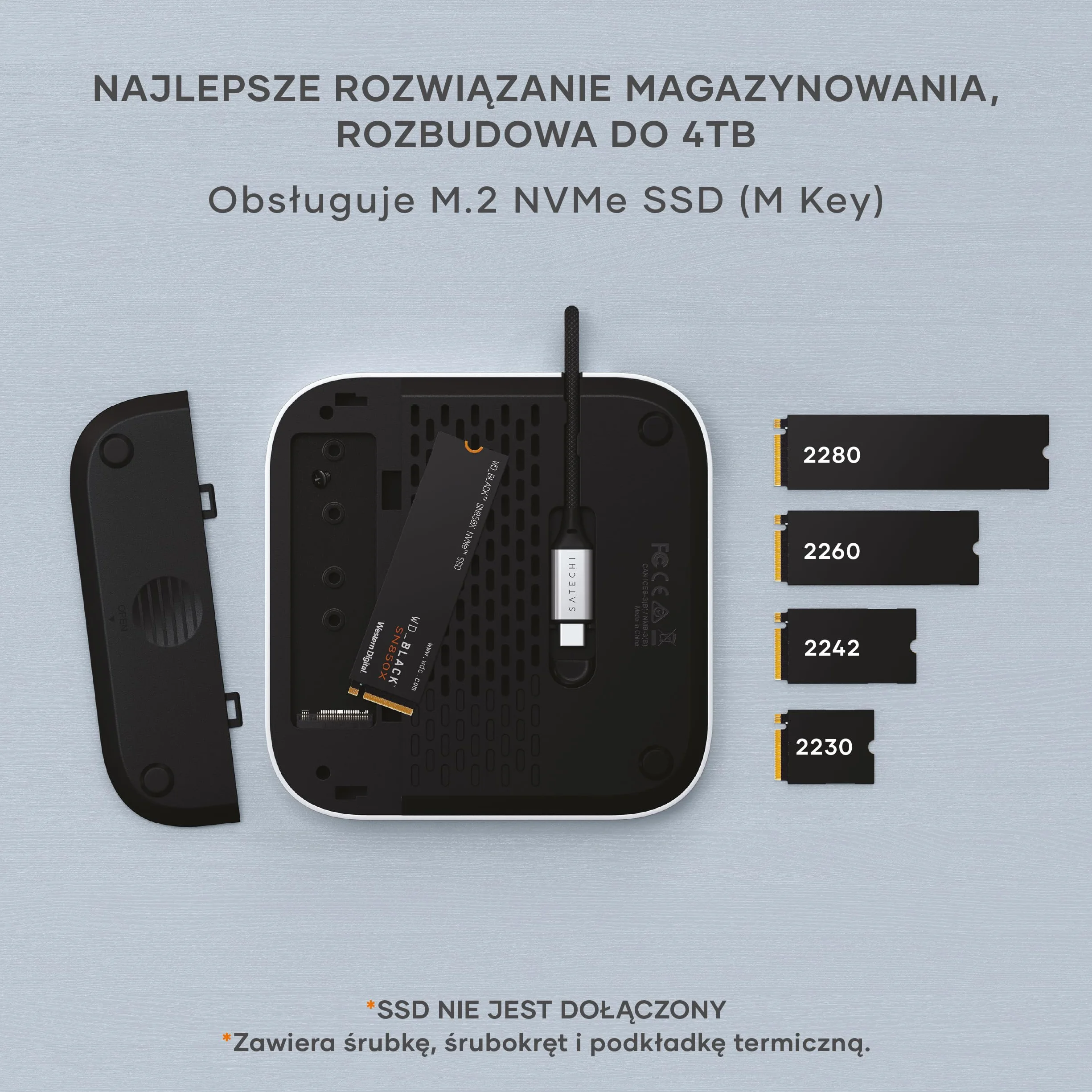 SATECHI Stacja dokująca Mac Mini M4 Hub & Stand z obudową na SSD NVMe, 2x USB-A 10 Gbps, czytnikiem kart SD – Srebrny