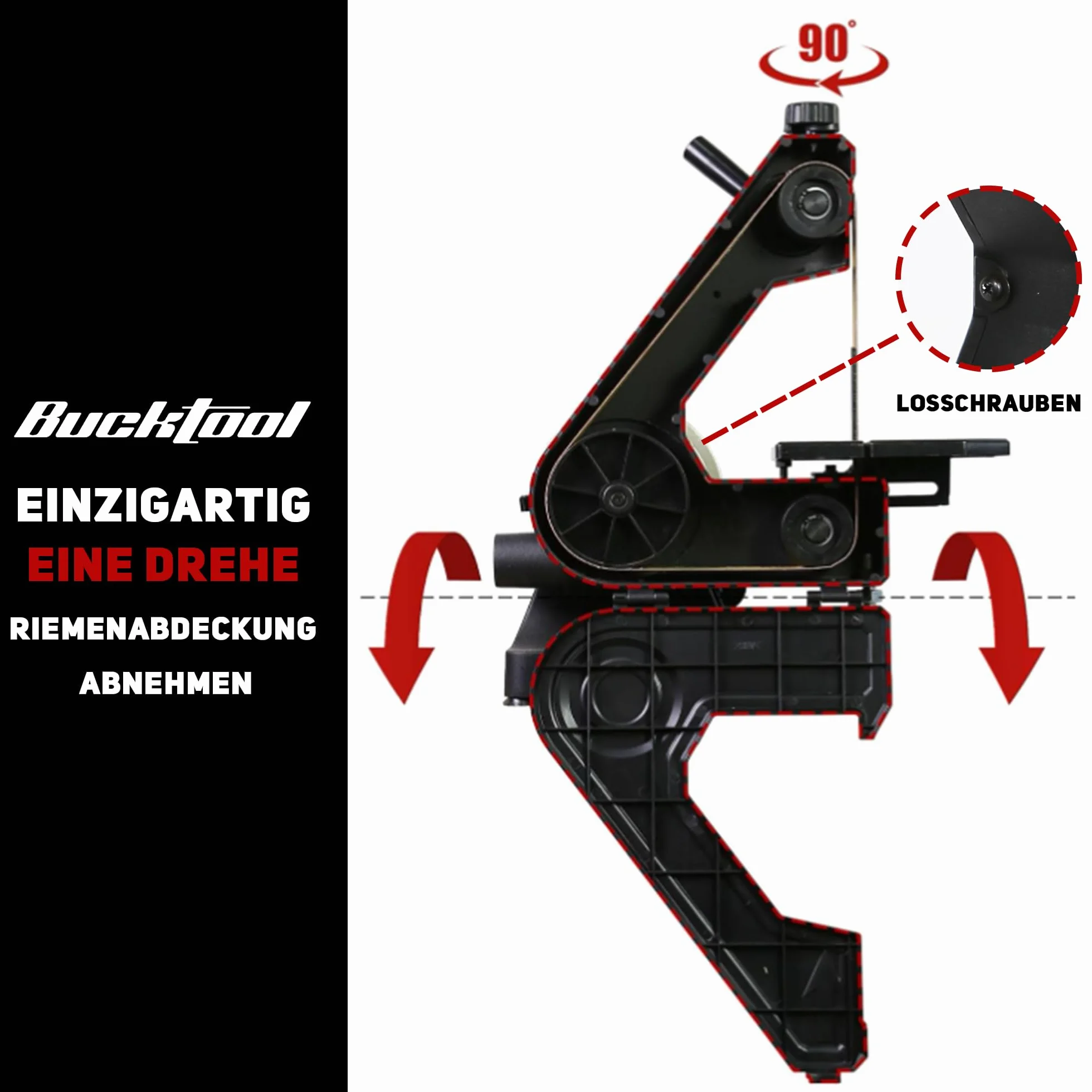 BUCKTOOL Szlifierka taśmowa 250 W, 25,4 x 762 mm, taśma 125 mm, klucz płaski, przechowywanie i łatwe zdejmowanie pokrywy paska, napęd bezpośredni, talerz szlifierski, prędkość obrotowa 2980 min-1
