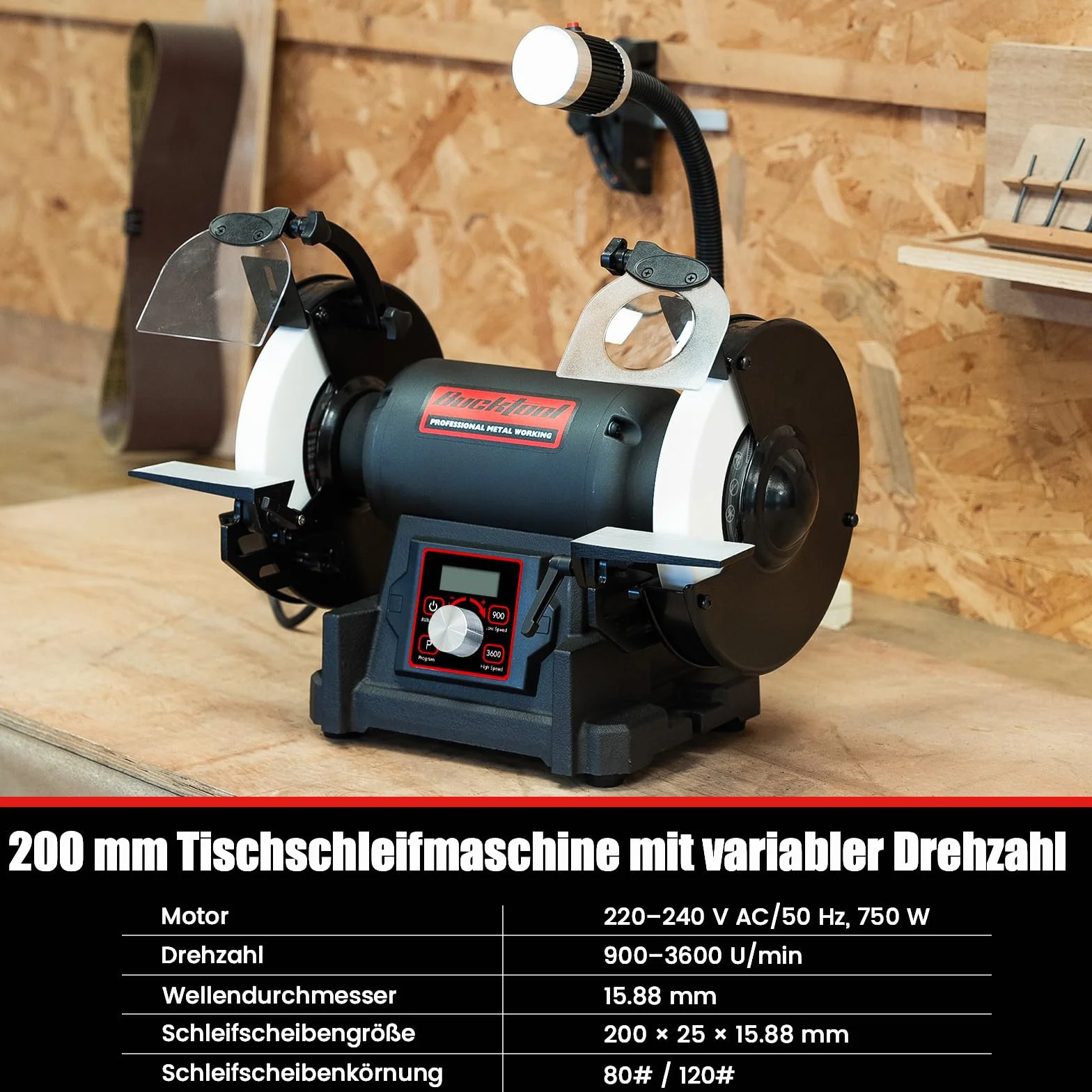 Bucktool Szlifierka stołowa o zmiennej 200 mm, profesjonalna szlifierka VFD 750 W o niskim poziomie wibracji i wysokim momencie obrotowym do obróbki metalu, ostrzenia noży i prac warsztatowych