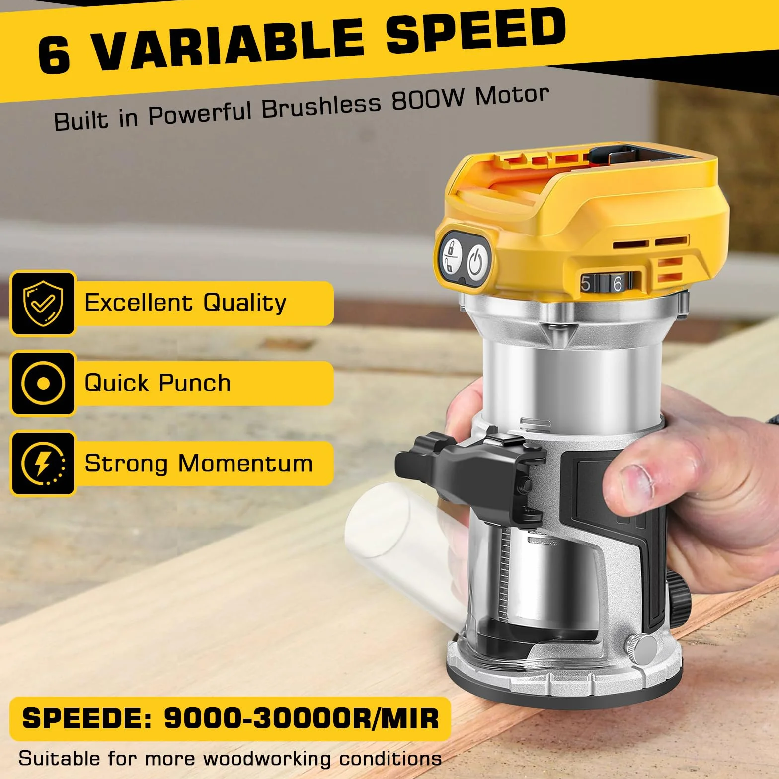 Wytłaczarka do drewna kompatybilna z akumulatorem Dewalt 18 V, 800 W, bezprzewodowy elektryczny router do drewna z 6 prędkościami, bezszczotkowy frez krawędziowy (bez baterii)