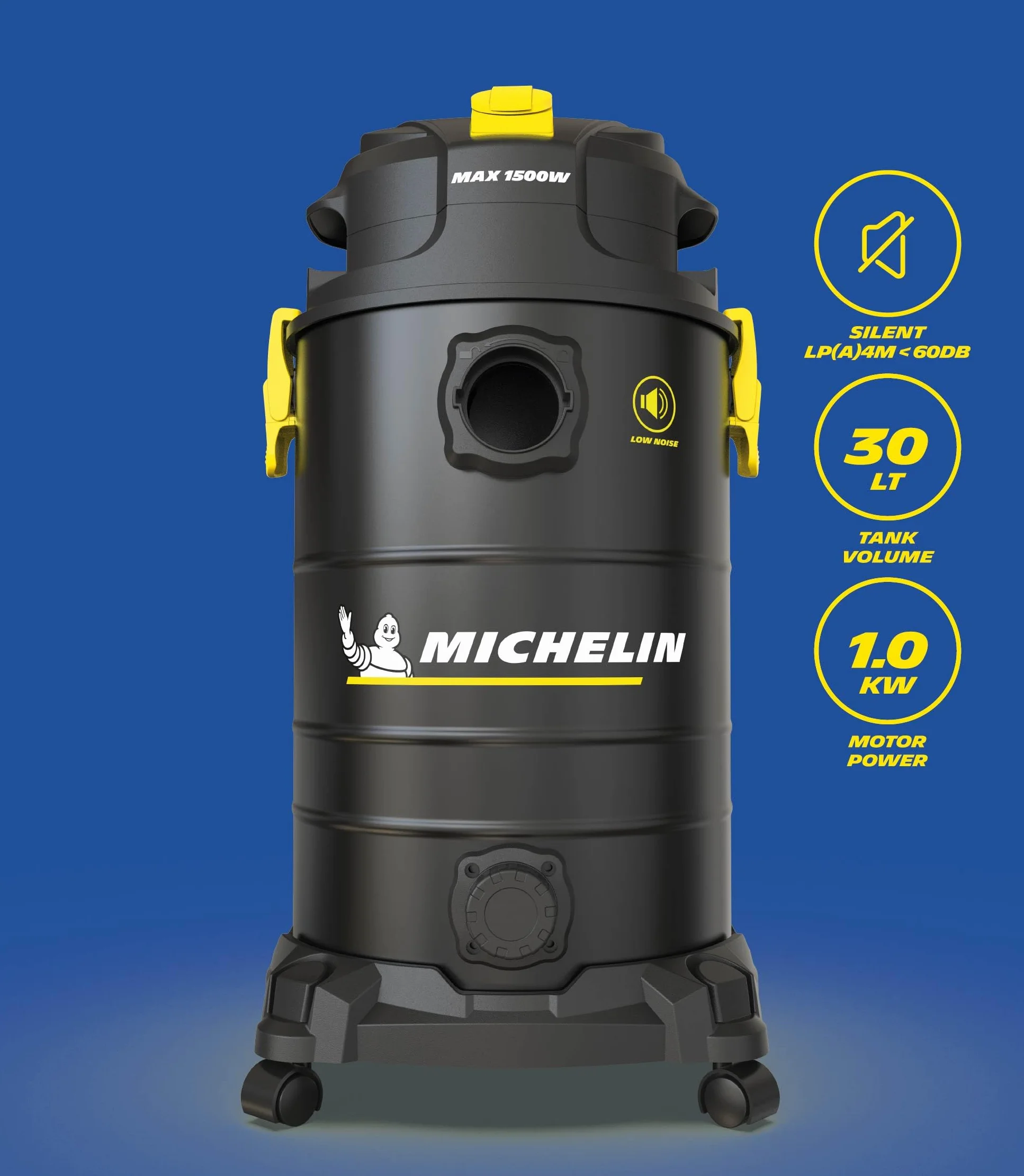 MICHELIN, X4 30L S odkurzacz stały i ciecz, cichy zakres, zbiornik ze stali 30 l, z gniazdem elektronarzędzi, 1000 W, w komplecie z akcesoriami, funkcja dmuchania, 19 kPa