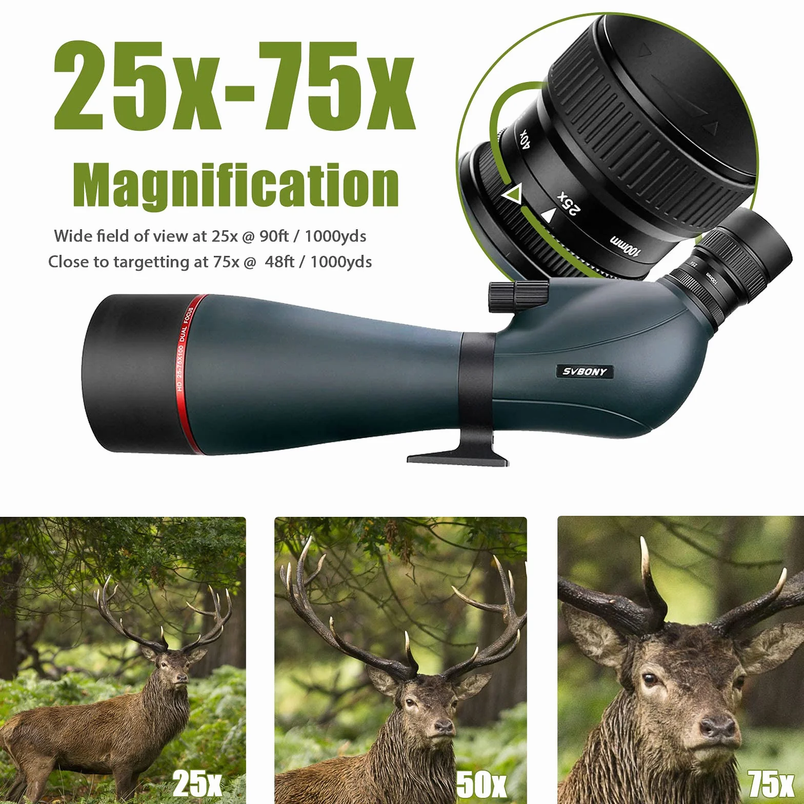 Svbony SV406 Luneta Dual Focus 20-75x100 HD Wodoodporna Do Obserwacji Ptaków