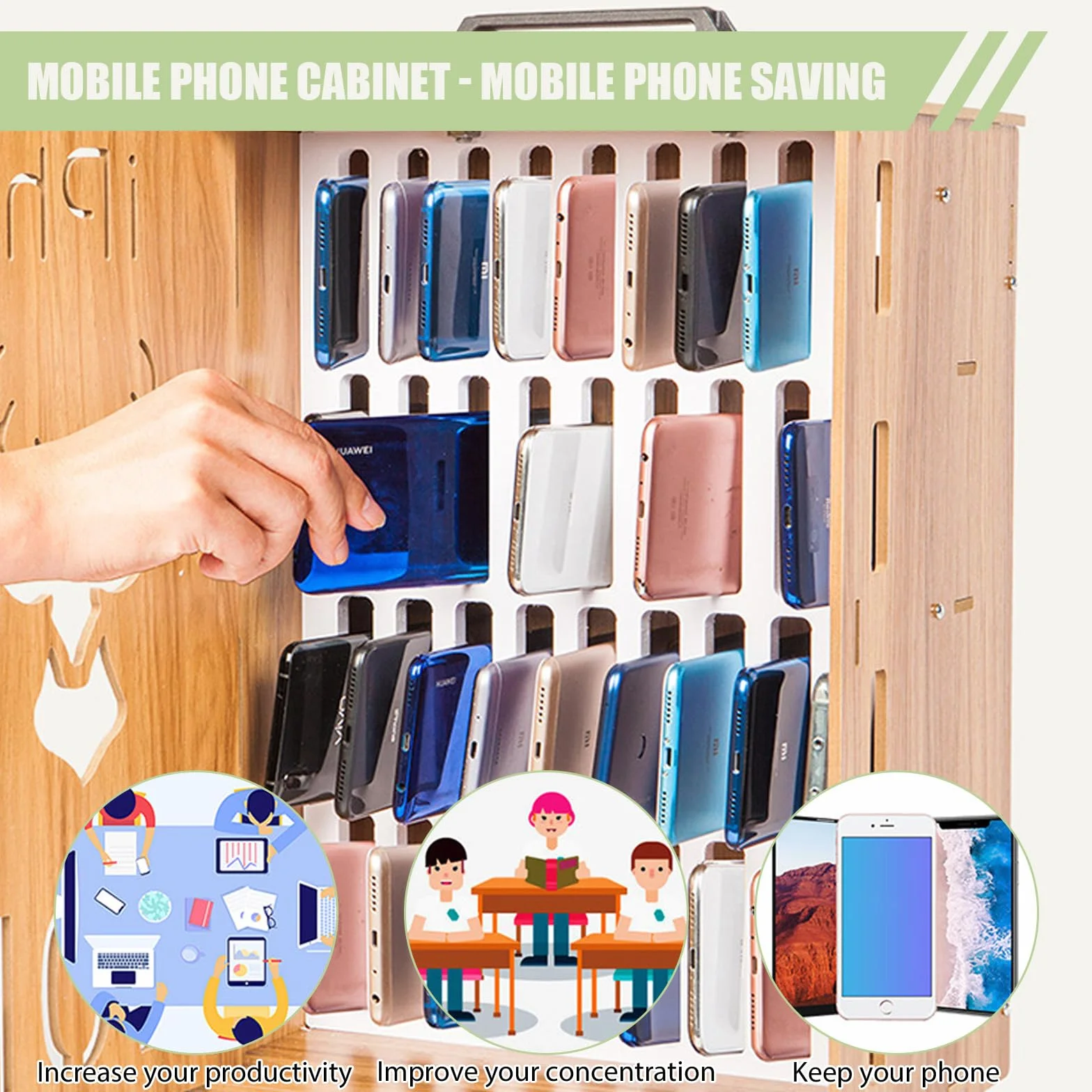 Szafka do przechowywania telefonu komórkowego, 36 przegródek, drewniany, zamykany organizer na telefon komórkowy, 41,5 cm, 3 kg, montowany na ścianie, wielofunkcyjne pudełko do przechowywania, do
