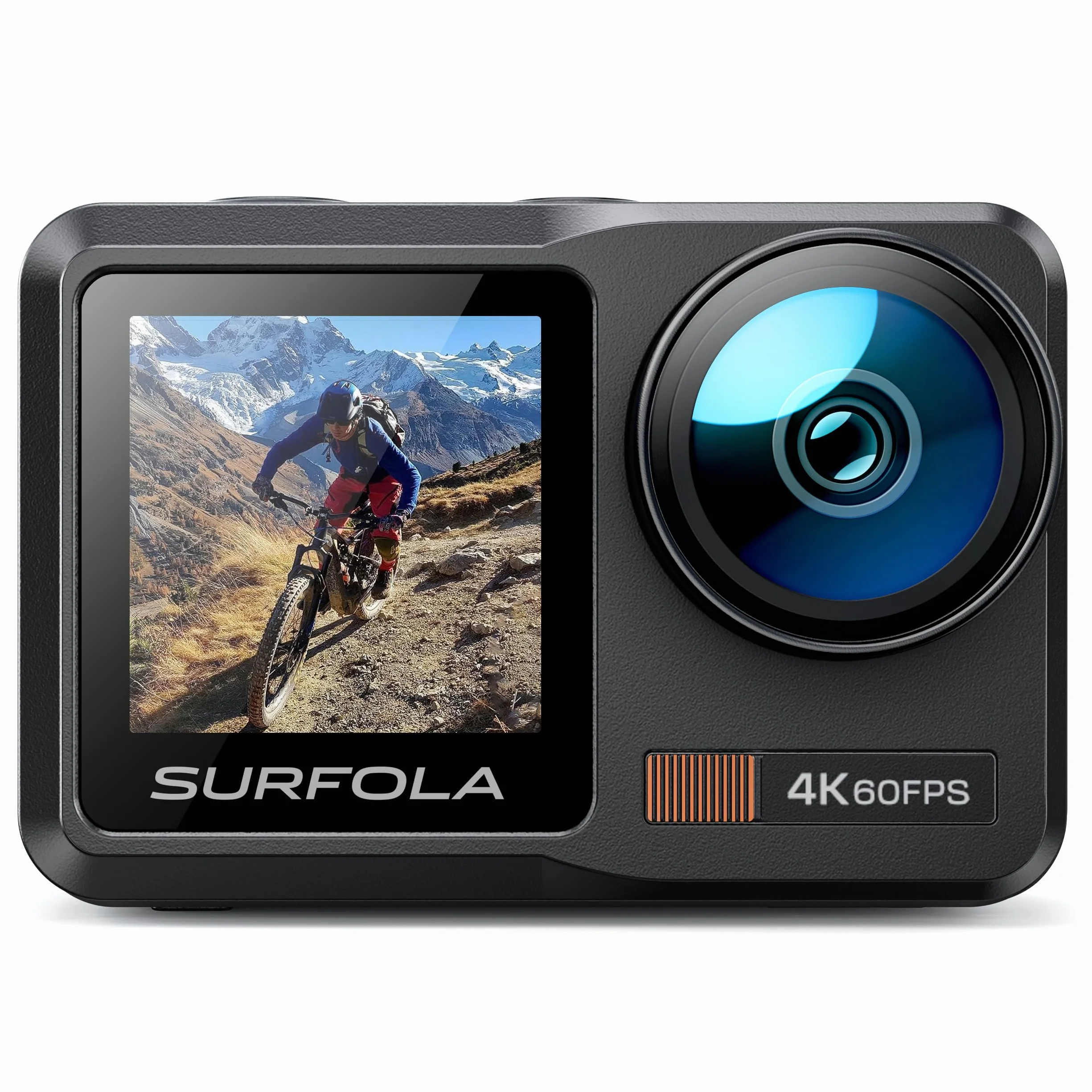 Surfola Action Cam 4K 60FPS, kamera podwodna SF630 40M Bare Metal wodoodporna 10M, WiFi, EIS na kask, kamera z podwójnym ekranem i zewnętrznym mikrofonem, 2 baterie 1350mAh i ładowarka