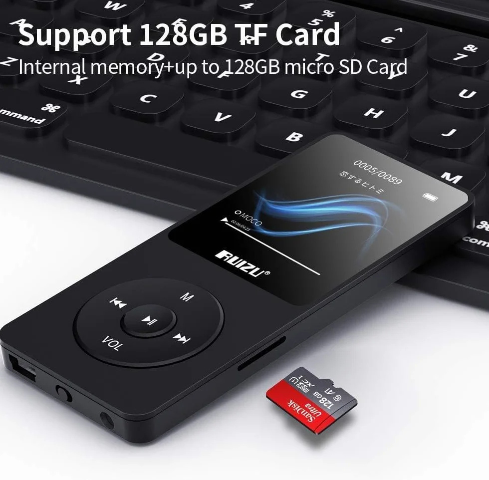 Odtwarzacz MP3 64 GB Bluetooth 5.3 ultralekki 30g bateria 80h ekran 1,8 cala obsługa TF 128 GB