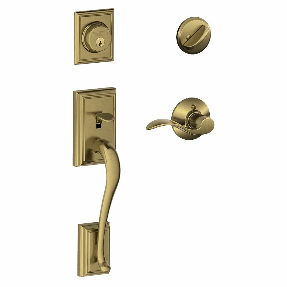 SCHLAGE Addison zestaw klamek z pojedynczym cylindrem i dźwignia akcentująca prawostronna, antyczny mosiądz (F60 ADD 609 Acc RH)
