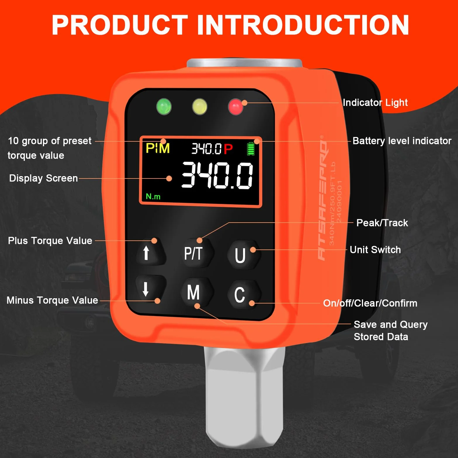 ATsafepro Cyfrowy Przenośnik Momentu 1/2" 17-340 Nm, Klucz Dynamometryczny z Kolorowym Wyświetlaczem LCD i Sygnalizatorem Dźwiękowym, Adaptery 1/4” i 3/8” do Samochodu i Motocykla, Dokładny Pomiar, Pr