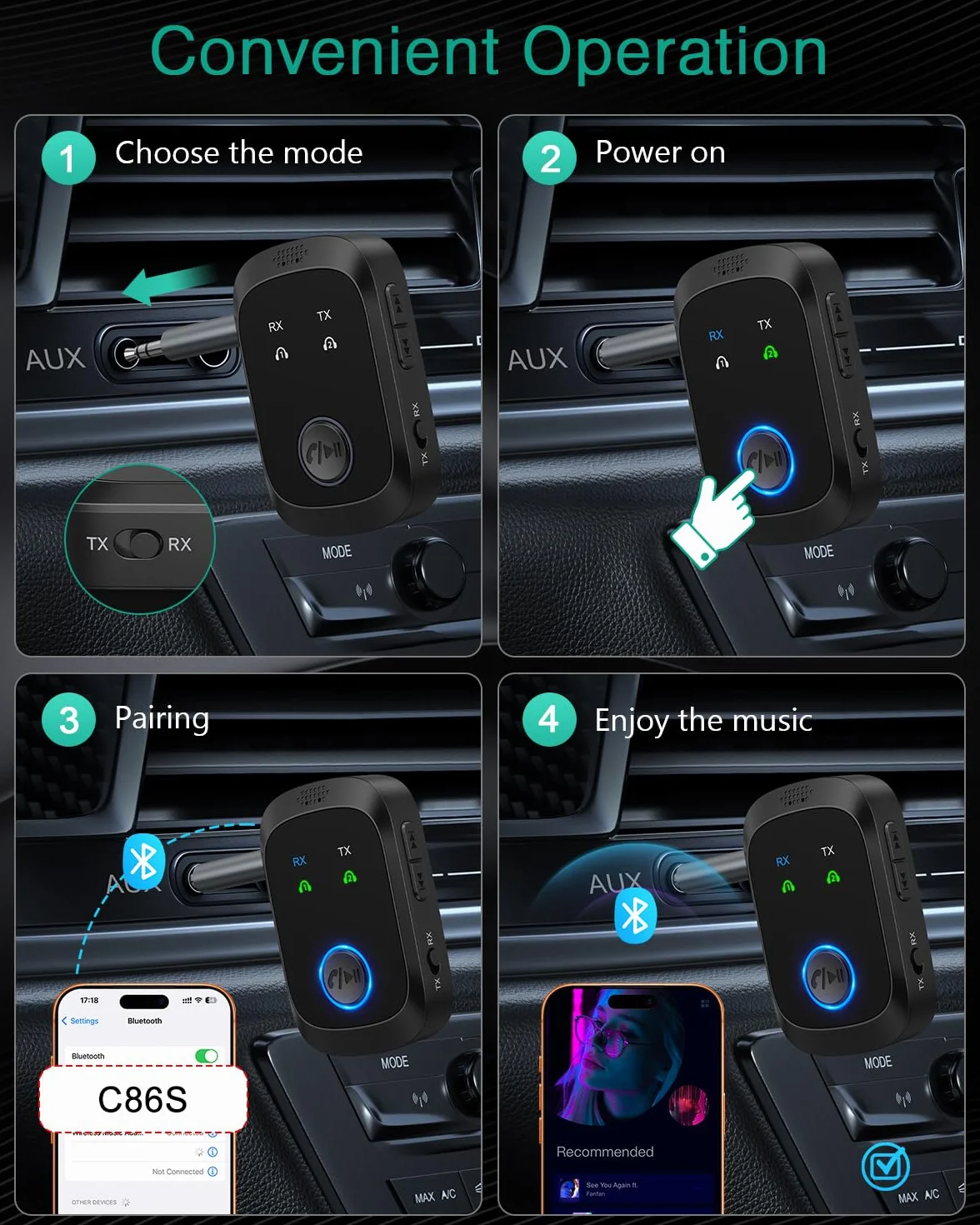 ORIA nadajnik i odbiornik Bluetooth 5.4, przenośny adapter Bluetooth Aux z podwójnym połączeniem, połączenie głośnomówiące, niskie opóźnienie, 3,5 mm bezprzewodowy nadajnik audio do samochodu, TV, PC