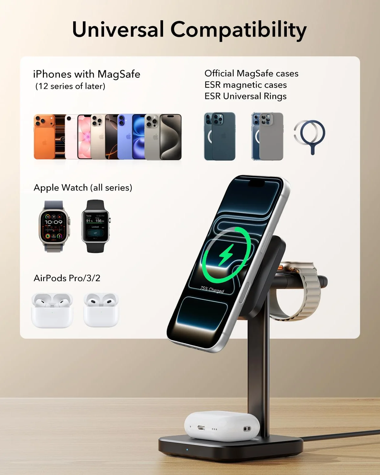 ESR Qi2 Stacja Ładująca 3 w 1 MagSafe do iPhone 17/16/15/14/13/12, Apple Watch i AirPods 4, Czarna
