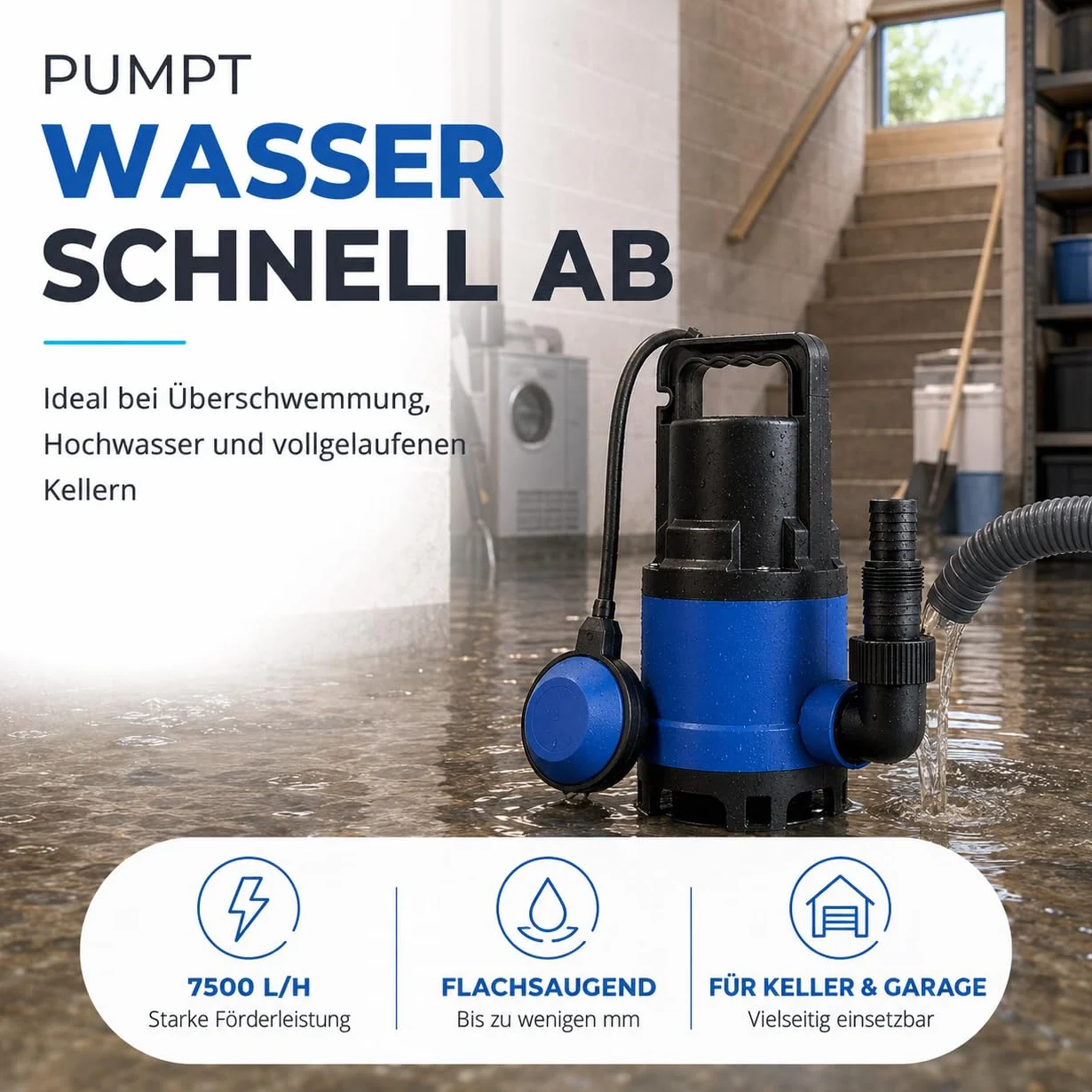 Pompa zanurzeniowa 400 W do brudnej wody, z przepływem 7500 l/h – maks. wysokość tłoczenia 5 m, głębokość zanurzenia 4 m, przewód 10 m, wyłącznik pływakowy i ochrona termiczna, powódź i wysoka woda