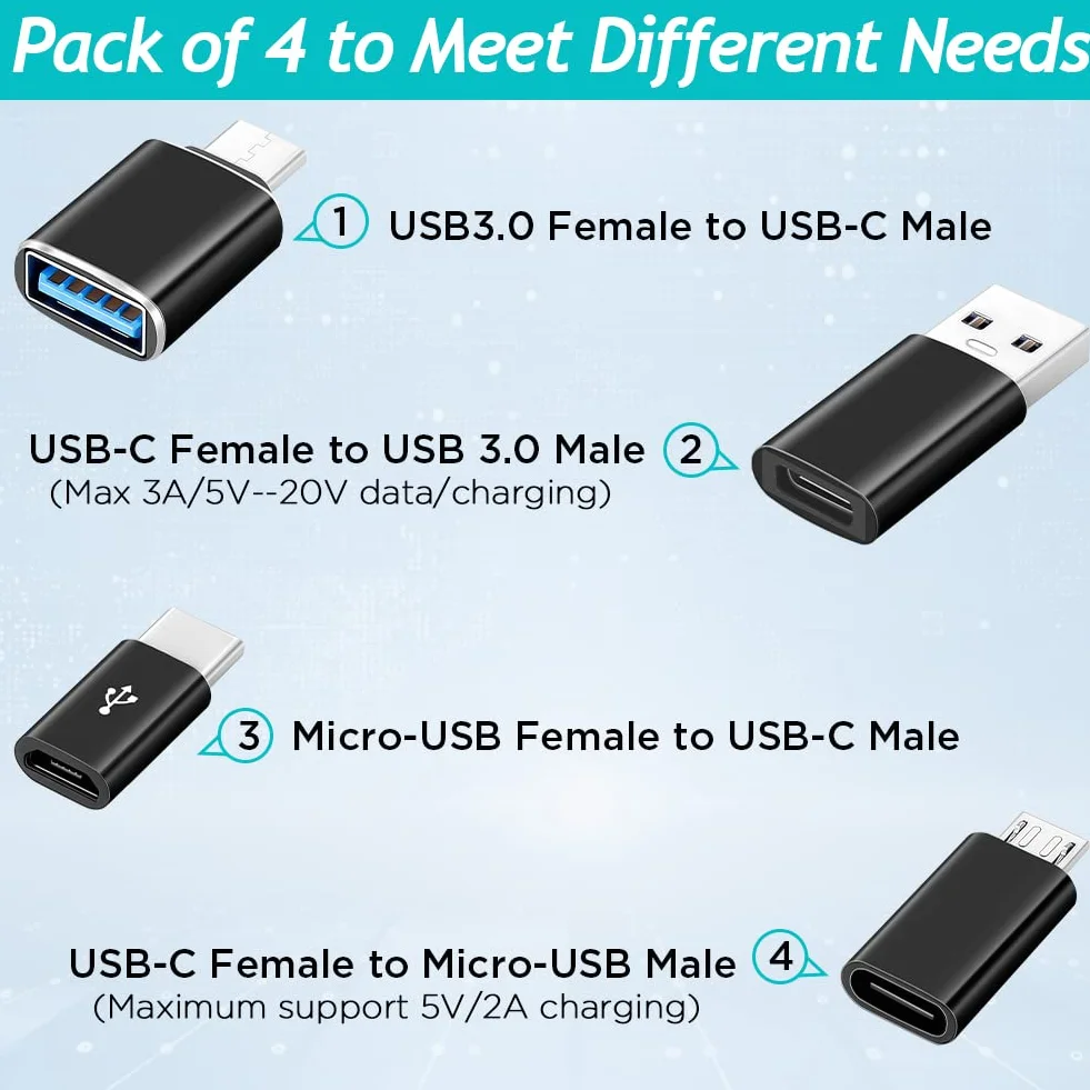 AXFEE Adapter USB C na USB, micro USB na USB C, superszybki transfer danych i szybkie ładowanie, kompatybilny z iPhone/PC/Samsung/iPad/laptop/MacBook, 4 sztuki