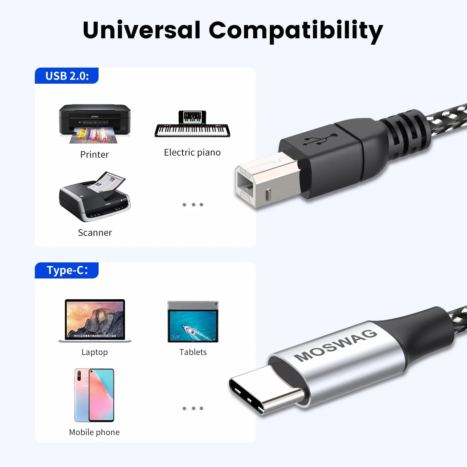 MOSWAG Kabel USB B do USB C 480 Mbps 10 m, kabel do drukarki MIDI, wytrzymały nylonowy płaszcz i aluminiowa wtyczka, do drukarek, keyboardów MIDI, smartfonów, syntezatorów, interfejsów audio