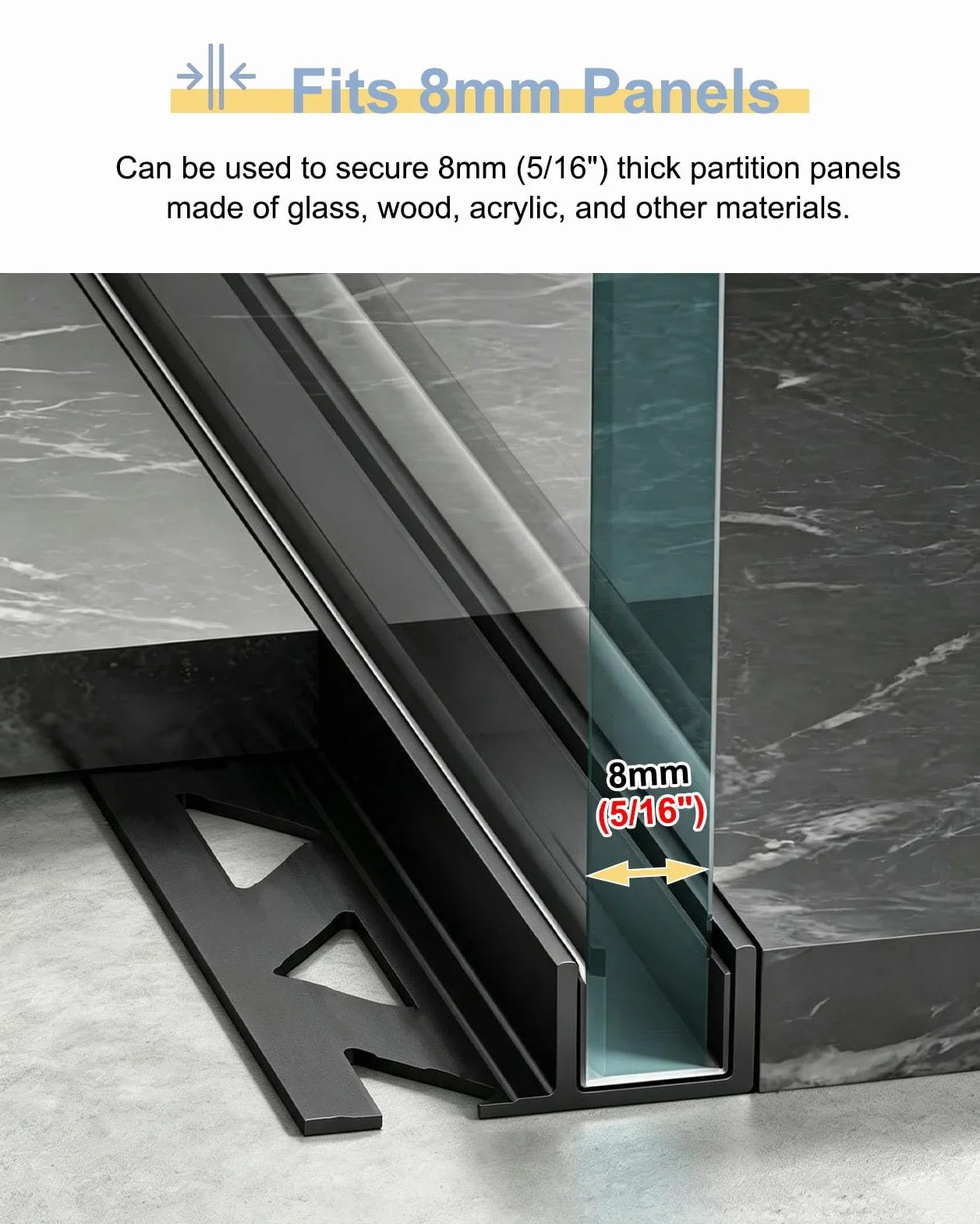 Profil Typu U do Szkła Profil Aluminiowy Typu F do Szkła Bezramowego | Profil Mocujący Krawędź, Szczelina Montażowa Ścianki Działowej w Łazience(Black,L2.6m(8.5ft))