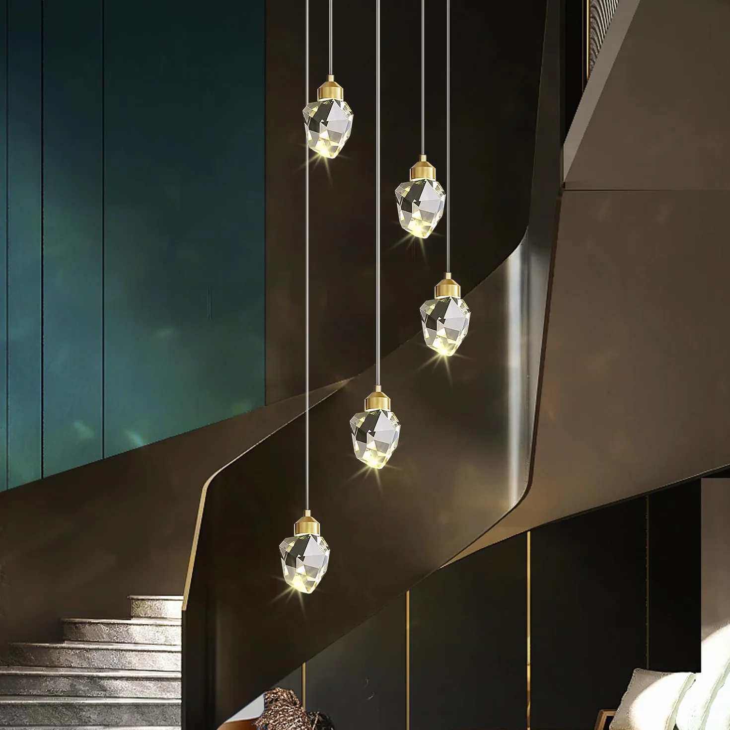 Nowoczesna kryształowa lampa wisząca, 3 kolory LED kryształowa lampa wisząca, regulowana wysokość, złota sufitowa lampa wisząca do wyspy kuchennej, sypialni, jadalni (Złoty, 5-palnikowy)