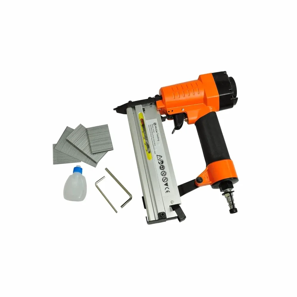 Gwoździarka i zszywacz na sprężone powietrze 2 w 1 z aluminiową obudową, magazynek 100 gwoździ i zszywek, ciśnienie robocze 4-8 bar, ergonomiczny uchwyt do budowy mebli, prac wewnętrznych
