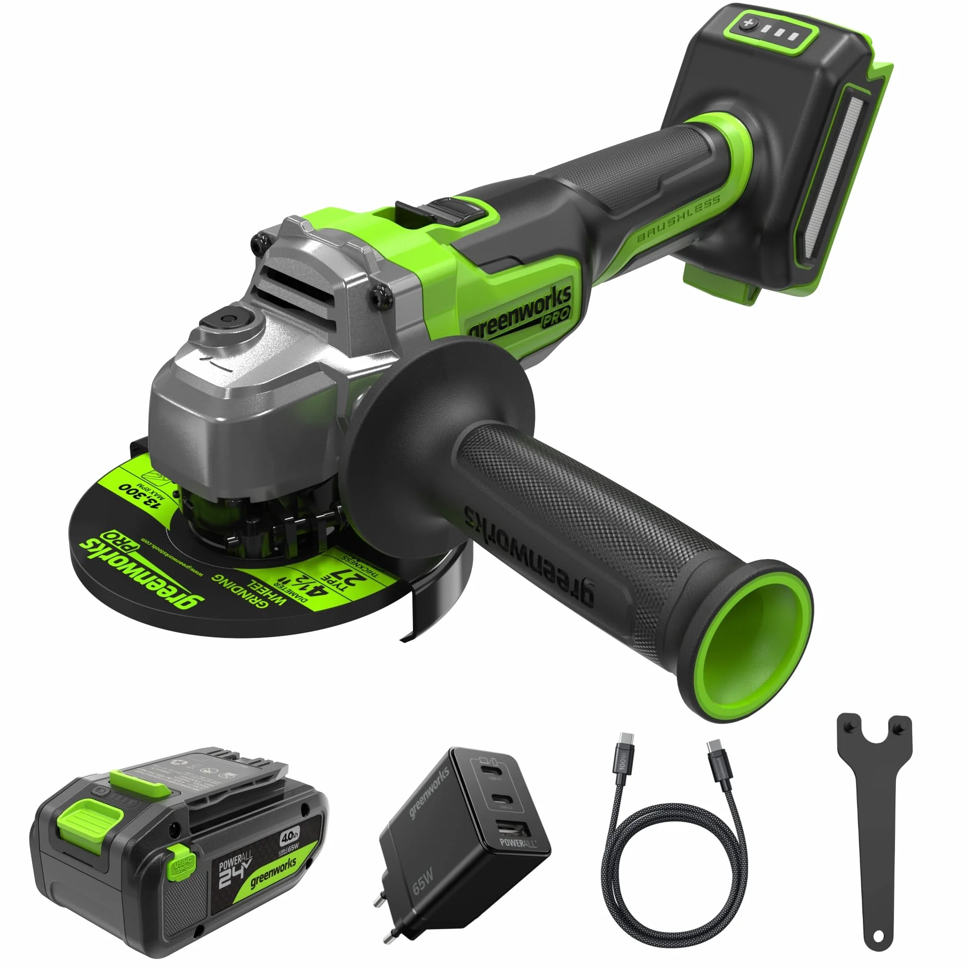 Greenworks Akumulatorowa szlifierka kątowa 24 V 125 mm ostrze tarczowe, 9000 obr./min, 900 W, silnik bezszczotkowy, leworęczny lub praworęczny z baterią USB 4 Ah i ładowarką 65 W AG590