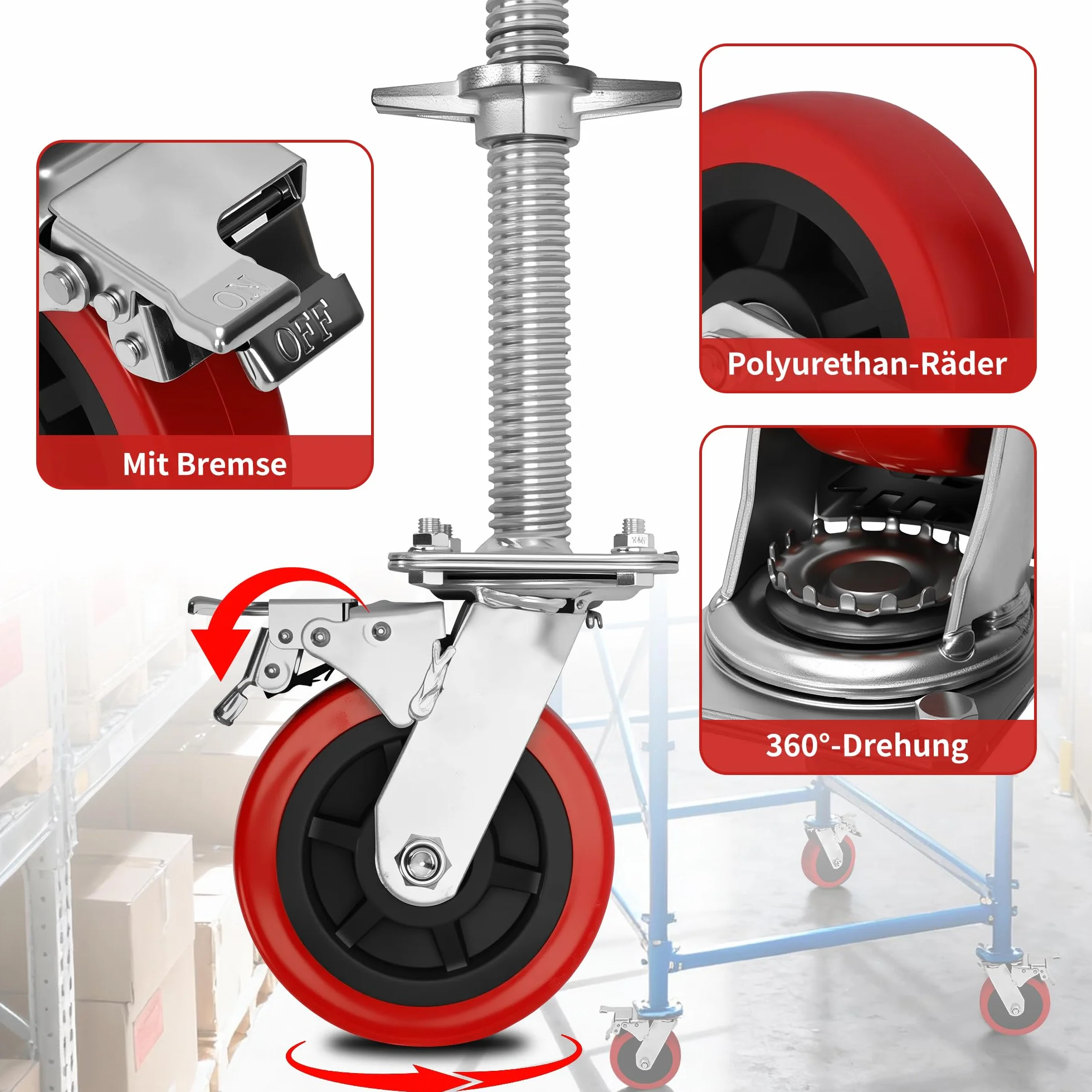 Zestaw kółek do rusztowania (4 sztuki) ze stalowym wrzecionem, koła rusztowania 150 mm, wrzeciono rusztowania Ø 30 mm, kółko obrotowe 500 kg do rusztowania