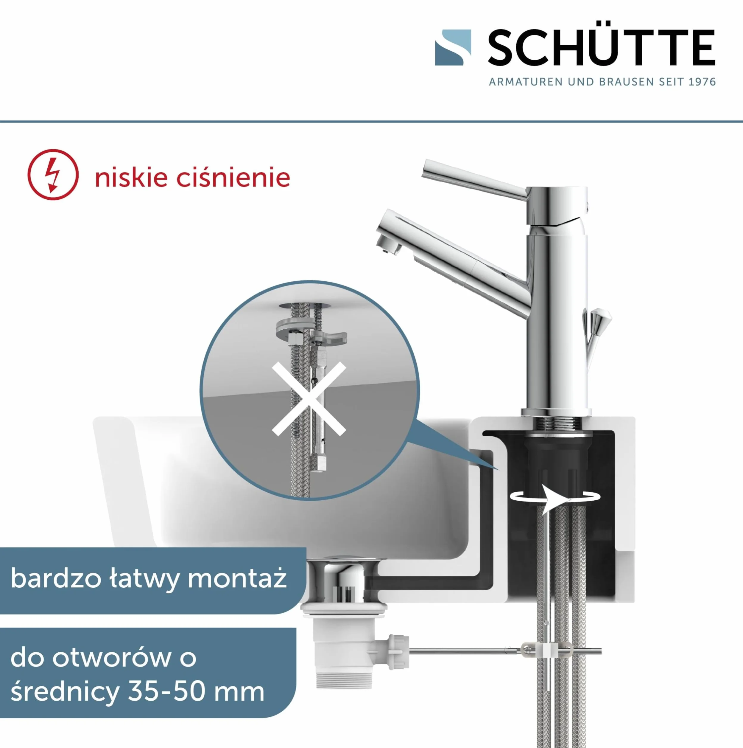 SCHÜTTE Bateria umywalkowa CORNWALL niskociśnieniowa, bateria łazienkowa, jednouchwytowa bateria z zestawem odpływowym, chrom