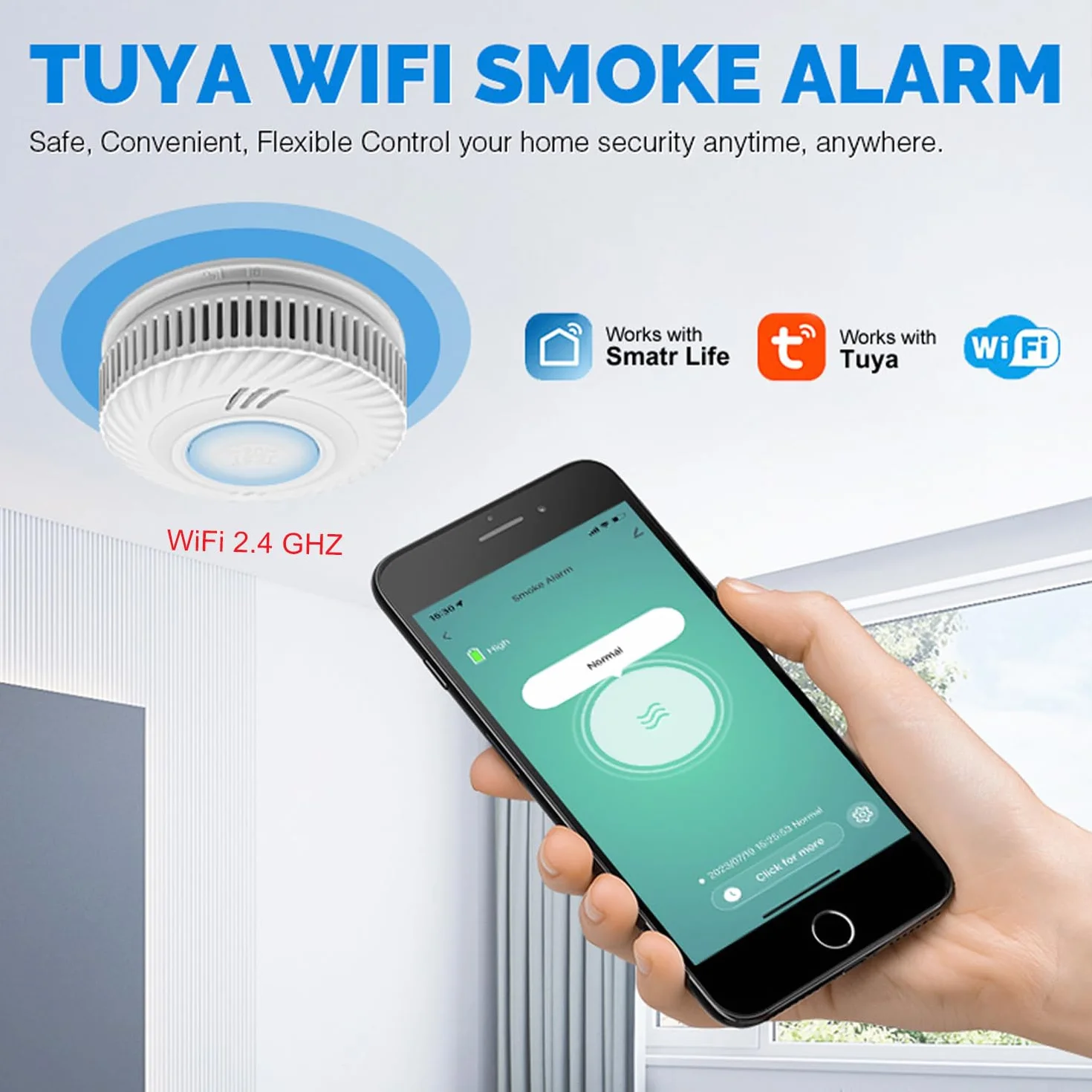 Inteligentna czujka dymu, Wi-Fi czujka dymu z czujnikiem fotoelektrycznym, czujnik pożaru zgodny z EN14604, kompatybilny z aplikacją Tuya/Smart Life, 10 lat baterii 1 szt