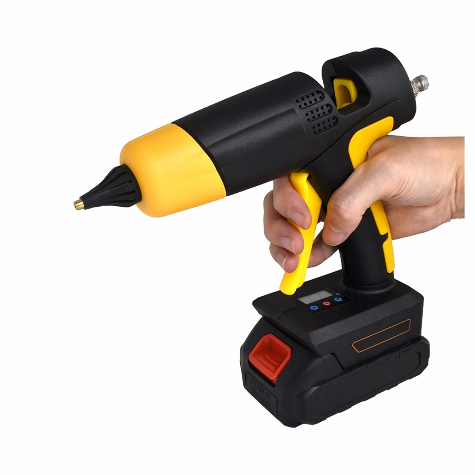 Pistolet Na Klej, 21V 120W bezprzewodowy pistolet do klejenia na gorąco z cyfrowym wyświetlaczem termostat wymienna bateria klej w sztyfcie dysza z czystej miedzi dla majsterkowiczów sztuki domu szybk