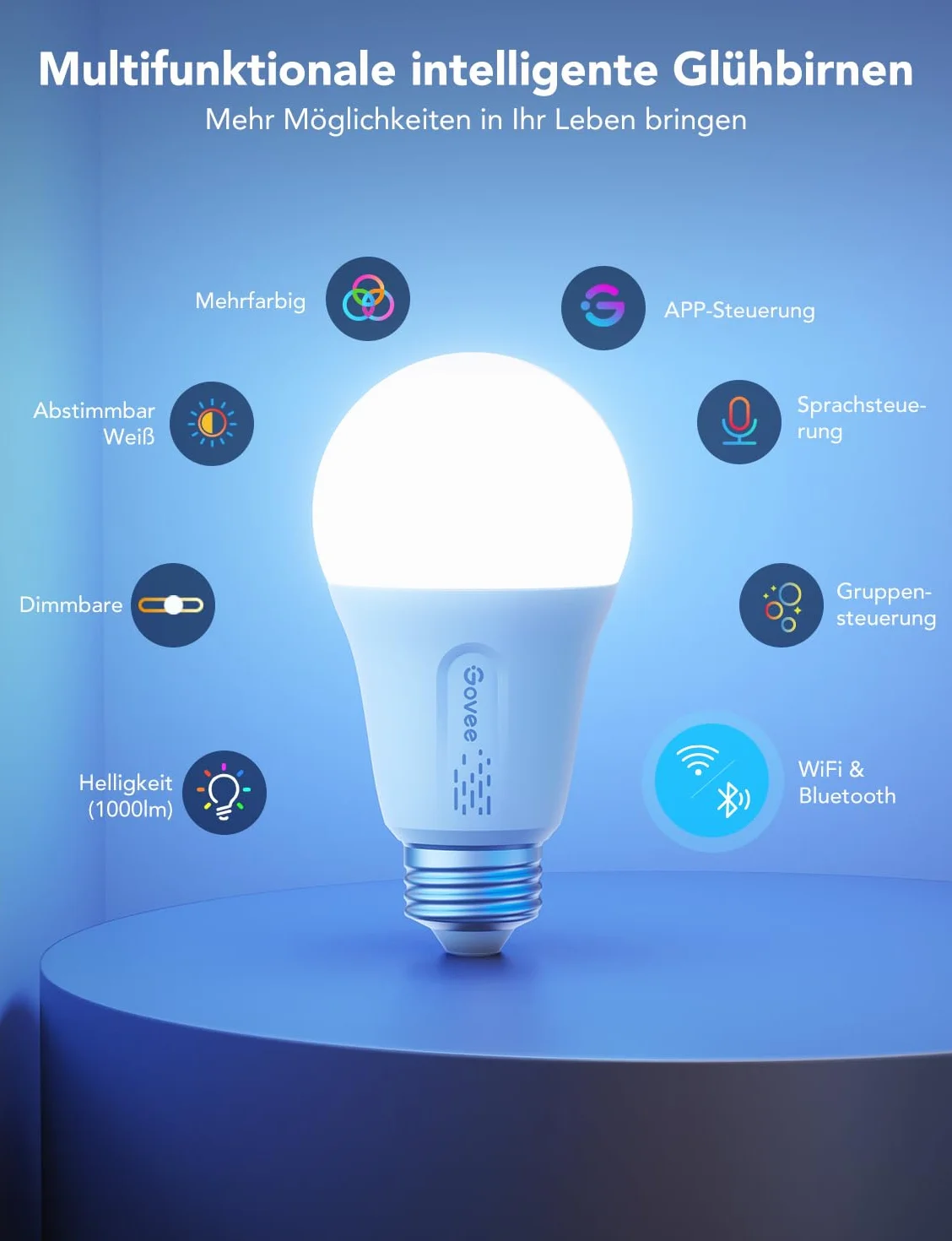 Govee Inteligentna żarówka E27, 1000 lm, Alexa RGBWW, możliwość ściemniania, Wi-Fi i Bluetooth, inteligentna żarówka 75 W, 54 sceny, 16 milionów kolorów DIY, 1 sztuka