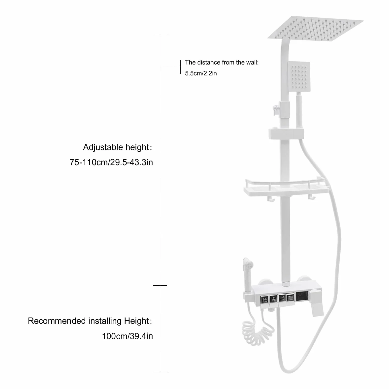 Kolumna prysznicowa, Led termostatyczna kolumna prysznicowa z cyfrowym wyświetlaczem 4 tryby i regulowana wysokość 75-110 cm 20 cm głowica prysznicowa, do hoteli, łaźni, basenów