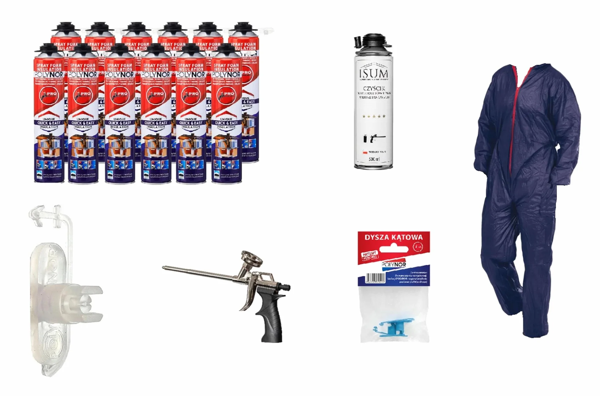 POLYNOR Izolacja Cieplna PUR w Puszce PRO - Pełny Zestaw 29 elementów - 12 Pianek - Pistolet do piany - Natryskowa Izolacja Termiczna - Izolacja Ścian, Dachów, Sufitów, Rur - Aerozol 750 ml
