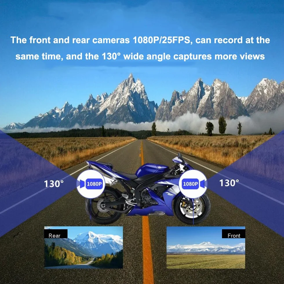 VSYSTO Kamera motocyklowa 1080p podwójna soczewka WiFi szerokokątna 130°