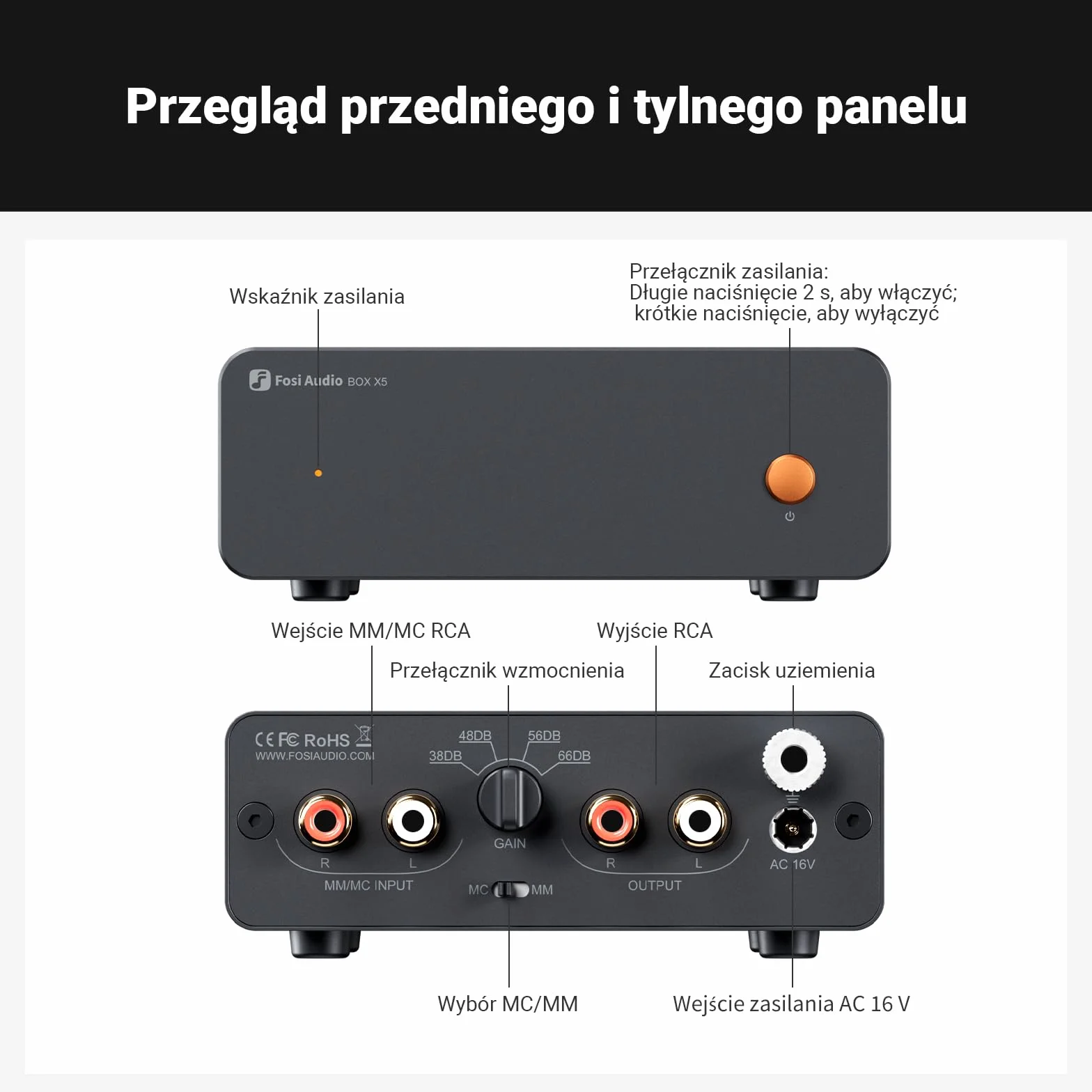 Fosi Audio BOX X5 Przedwzmacniacz Gramofonowy MM MC, 4-Stopniowa Regulacja Wzmocnienia RCA