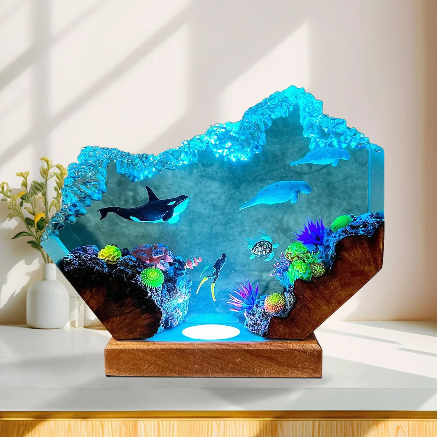 Lampy z żywicy, unikalna dekoracyjna lampka nocna oceaniczna z kolorową podstawą świetlną do domowego biura i sypialni, dekoracja biurka do nurkowania głębinowego, artystyczna ozdoba