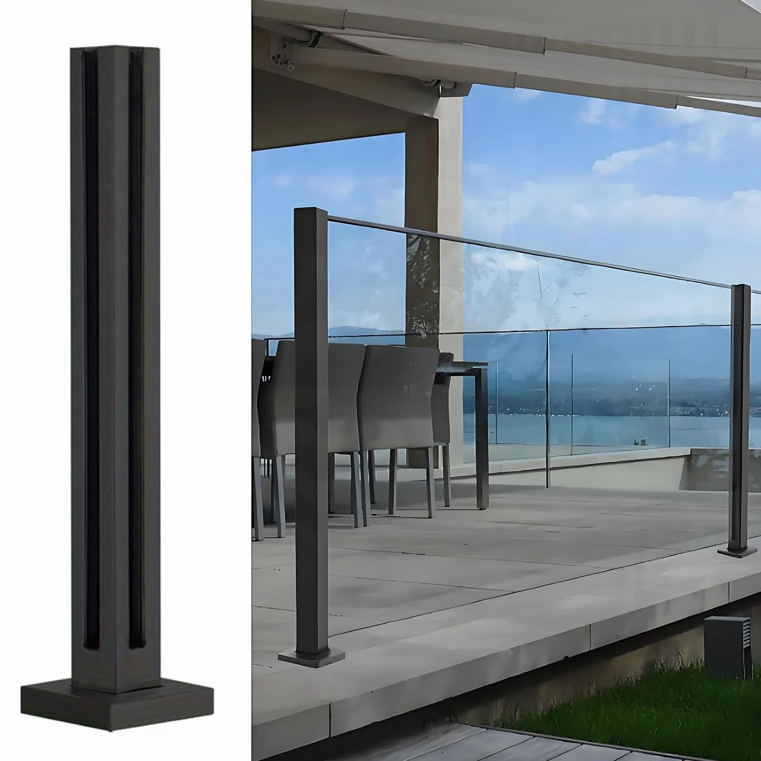 Zestaw balustrad szklanych ze stali nierdzewnej 304 do użytku wewnątrz i na zewnątrz, czarne słupki narożne z akcesoriami, 70 cm, wysoka szklana balustrada na tarasy i tarasy