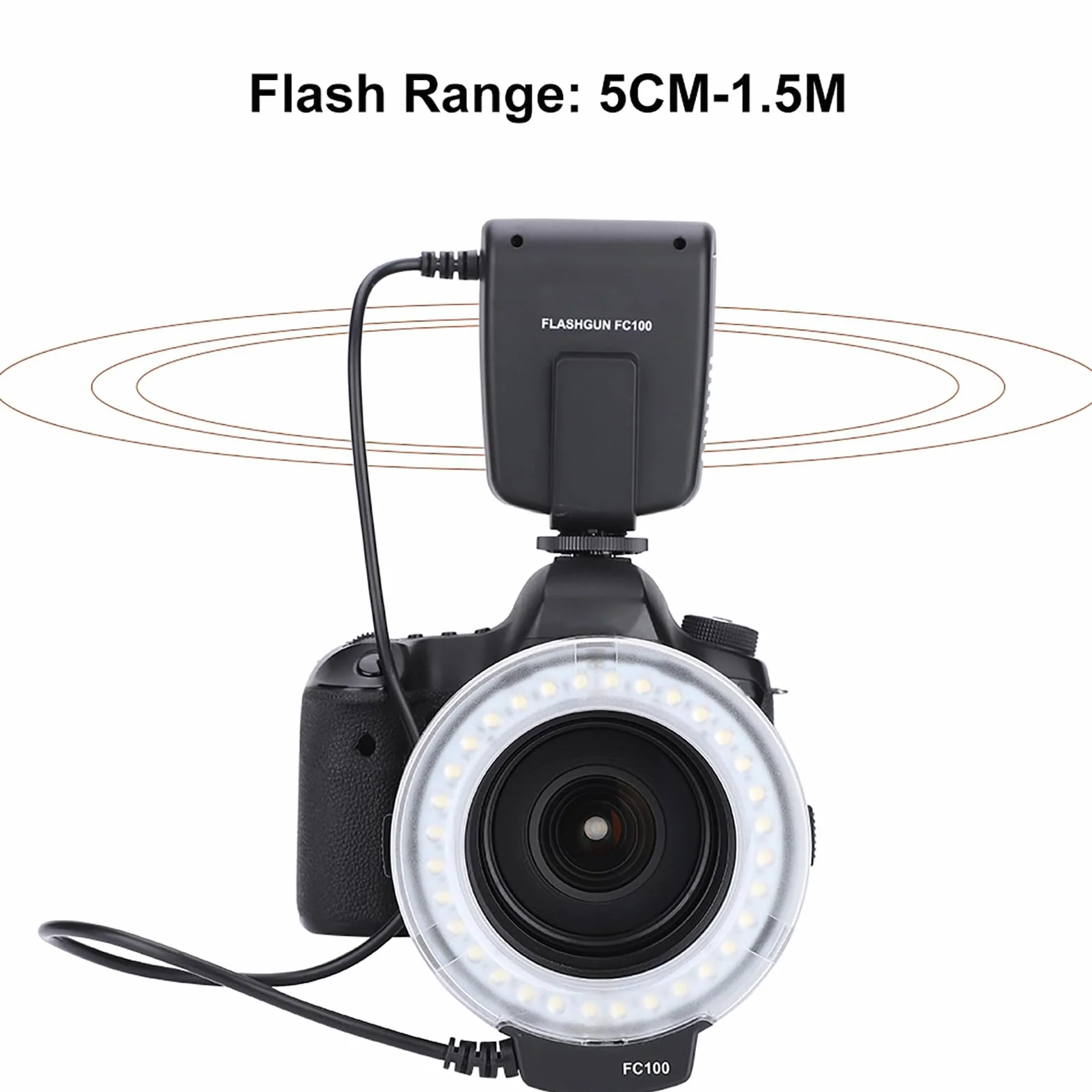 FC-100 Macro Universal LED flash ring, studyjna fotograficzna 5000K regulowana do 7 poziomów z pierścieniem adaptera 40,5 mm / 52 mm / 55 mm / 58 mm / 62 mm / 67 mm / 72 mm
