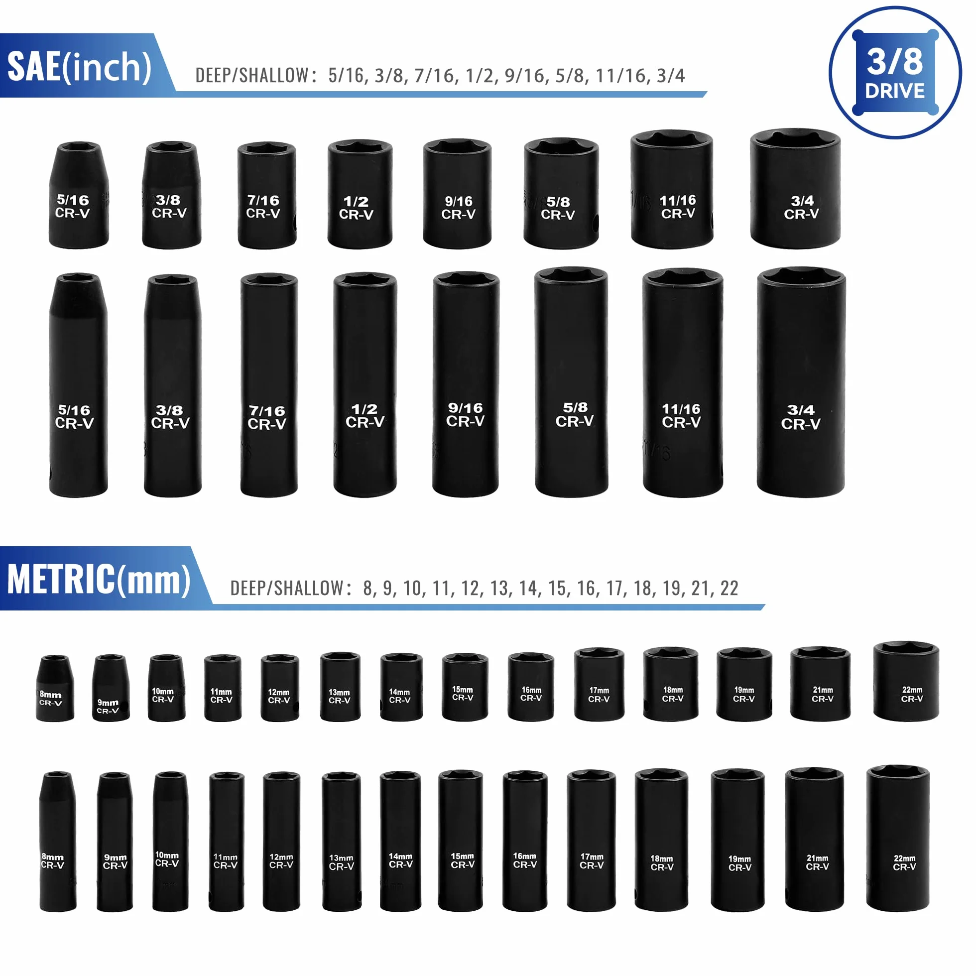 Reniteco 50-częściowy zestaw nasadek z napędem 3/20.3 cm, SAE (5/40.6 cm-3/10.2 cm) i metryczne (8 mm-22 mm), głębokie i płytkie, klucz grzechotkowy 72-zębowy, pręty przedłużające, reduktor 1/5.1 cm F
