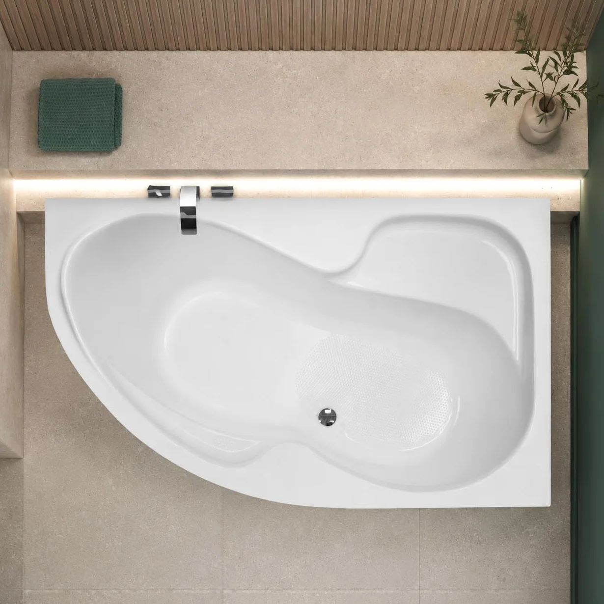 Wanna narożna ECOLAM® WELA 150x100 cm prawa z obudową | Wanna akrylowa Wanna sanitarna akrylowa + obudową akrylową + zagłówkiem Mare + automatycznym odpływem i przelewem | Antypoślizgowa, łatwa w piel