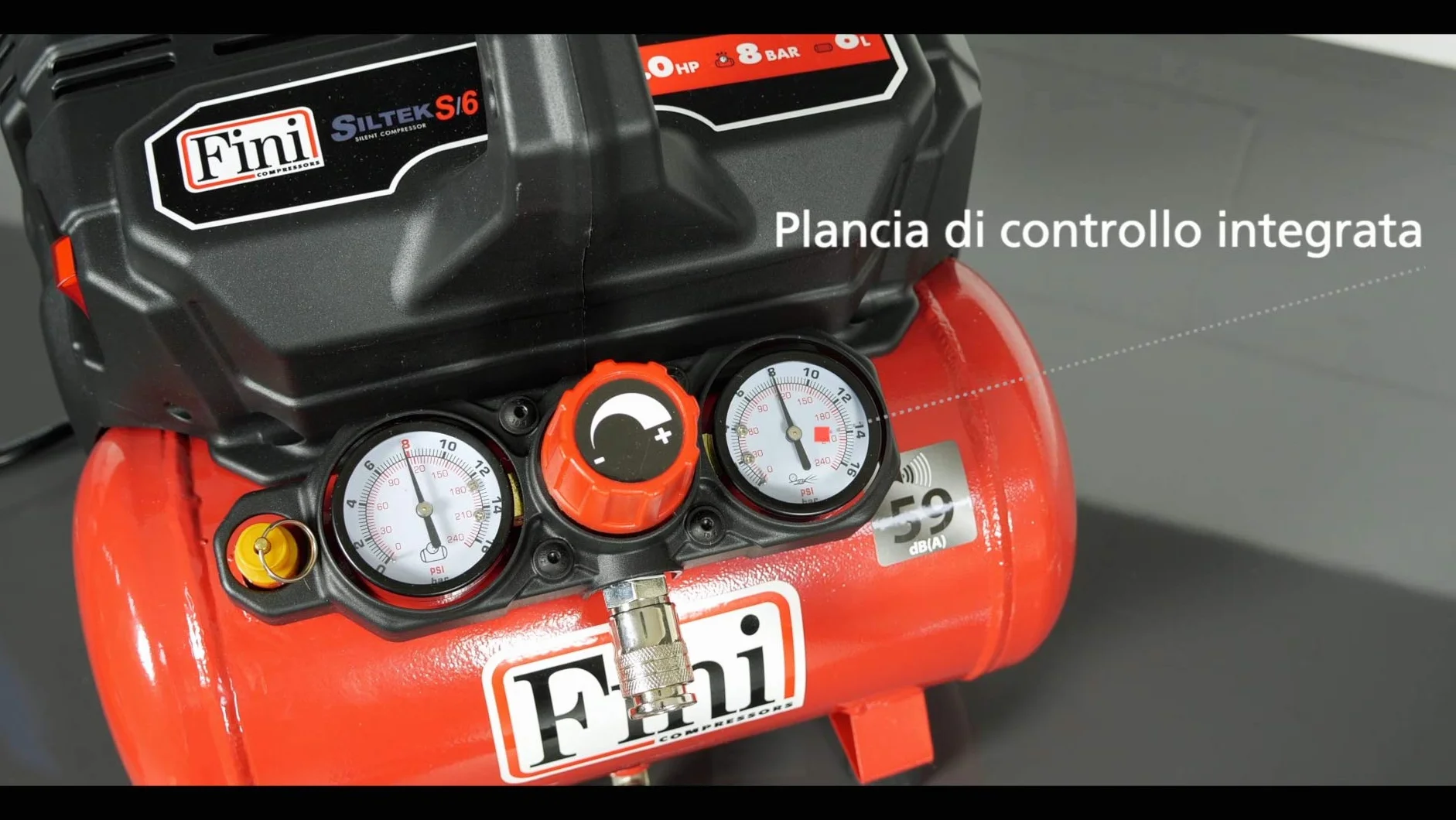 FINI Siltek S/6 cicha sprężarka, 2 manometry (59 dB), 6 l, 1,0 HP, 8 bar, 750 W, 230 V, czerwona