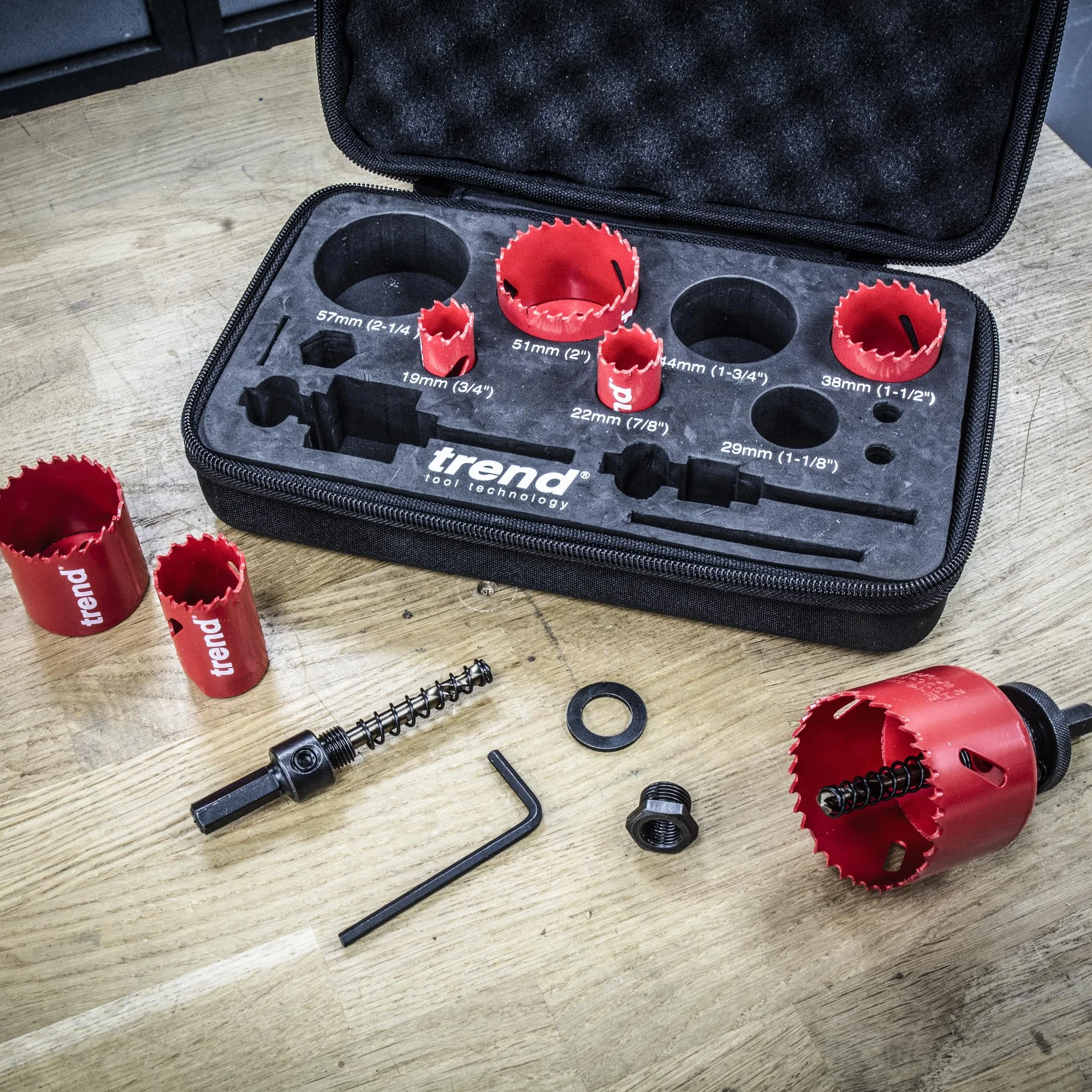 Trend Zestaw 7 otwornic hydraulicznych 19–57 mm, szybkie cięcie | 7 otwornic 19–57 mm do szybkich, precyzyjnych otworów w płytach GK, drewnie i plastiku HS/SET/7