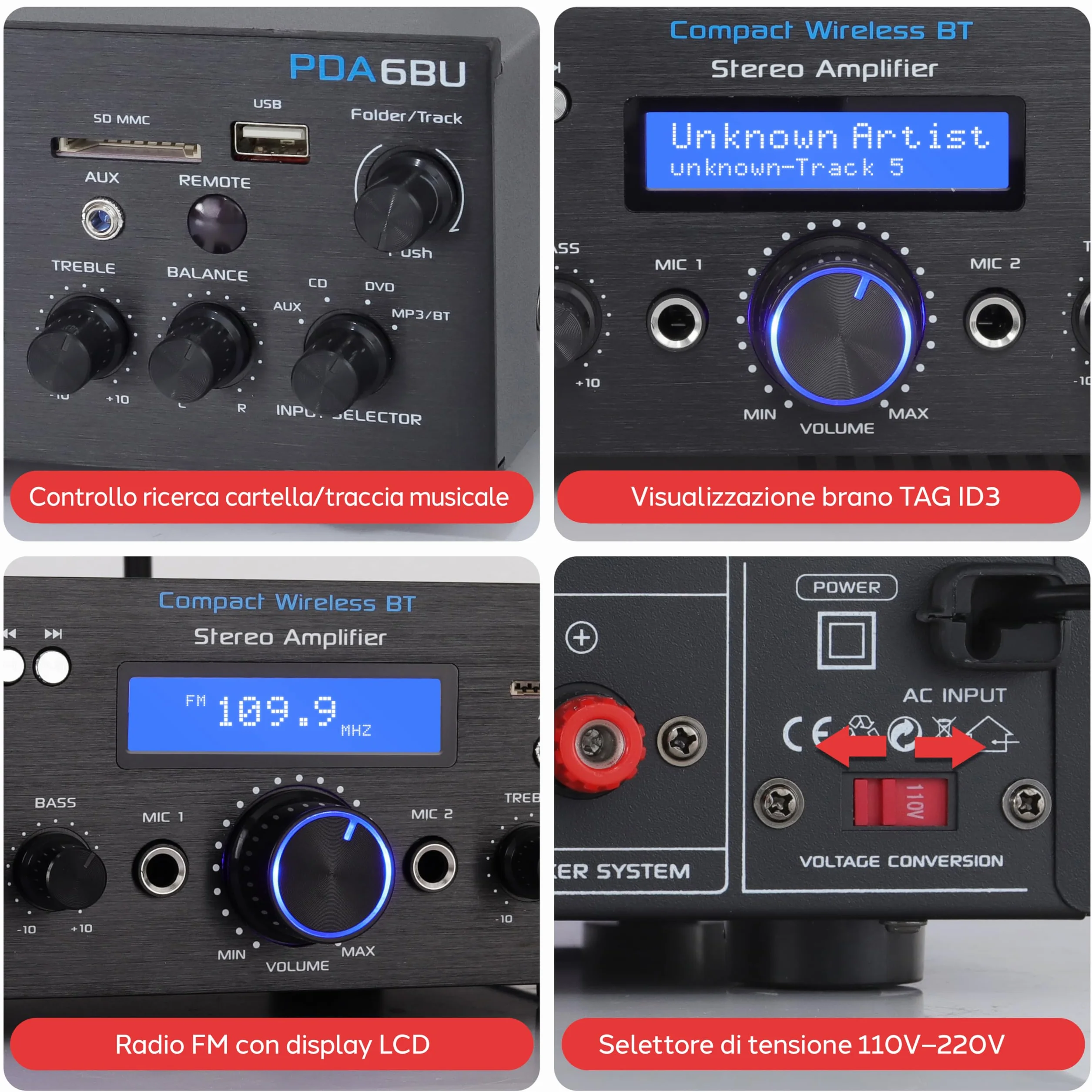 Pyle PDA6BU 200W Dual Channel Bluetooth Power Amplifier System w/ USB SD AUX MIC Echo Radio LCD