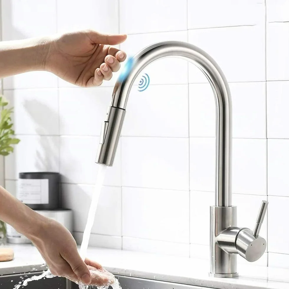 QHQQXN Inteligentna bateria kuchenna ze stali nierdzewnej z wyciąganą wylewką, bateria mieszająca sterowana dotykiem, aktywowana czujnikiem, łatwa instalacja, indukcyjna bateria zlewozmywakowa