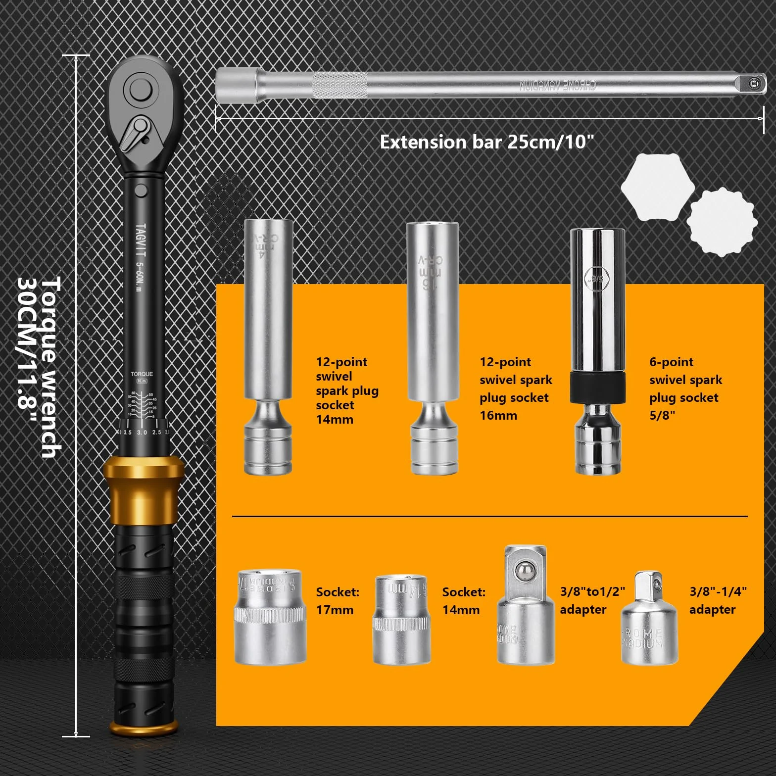 Klucz dynamometryczny 3/8", 5-60 Nm, dokładność ± 3%, 9 sztuk kluczy dynamometrycznych z przedłużką 250 mm, magnetycznym gniazdem świecy, adapterem i gniazdkiem, do zmiany świec samochodowych