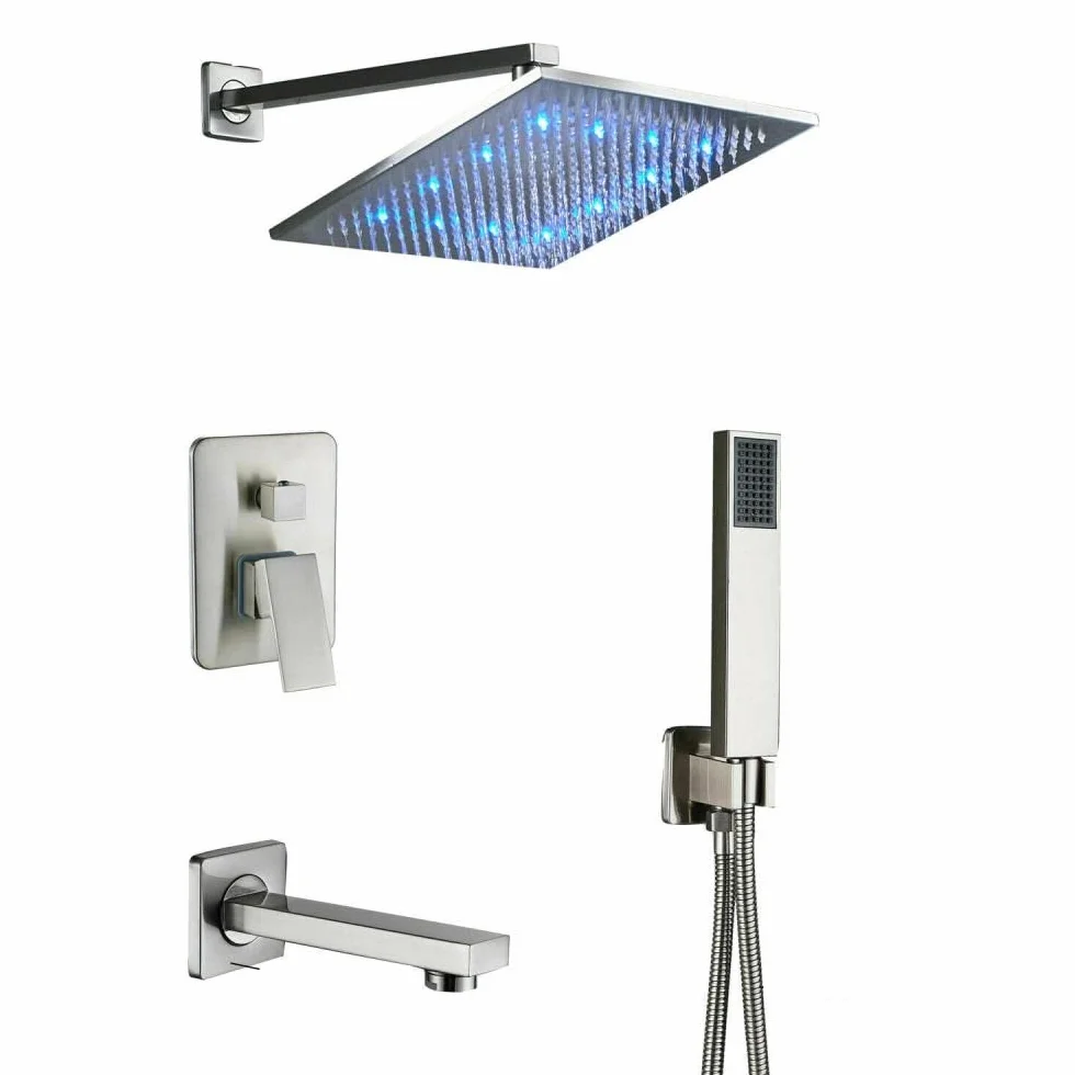 Zestaw prysznicowy ze szczotkowanego niklu z deszczownicą LED, zestaw 20 cm (10 cali)