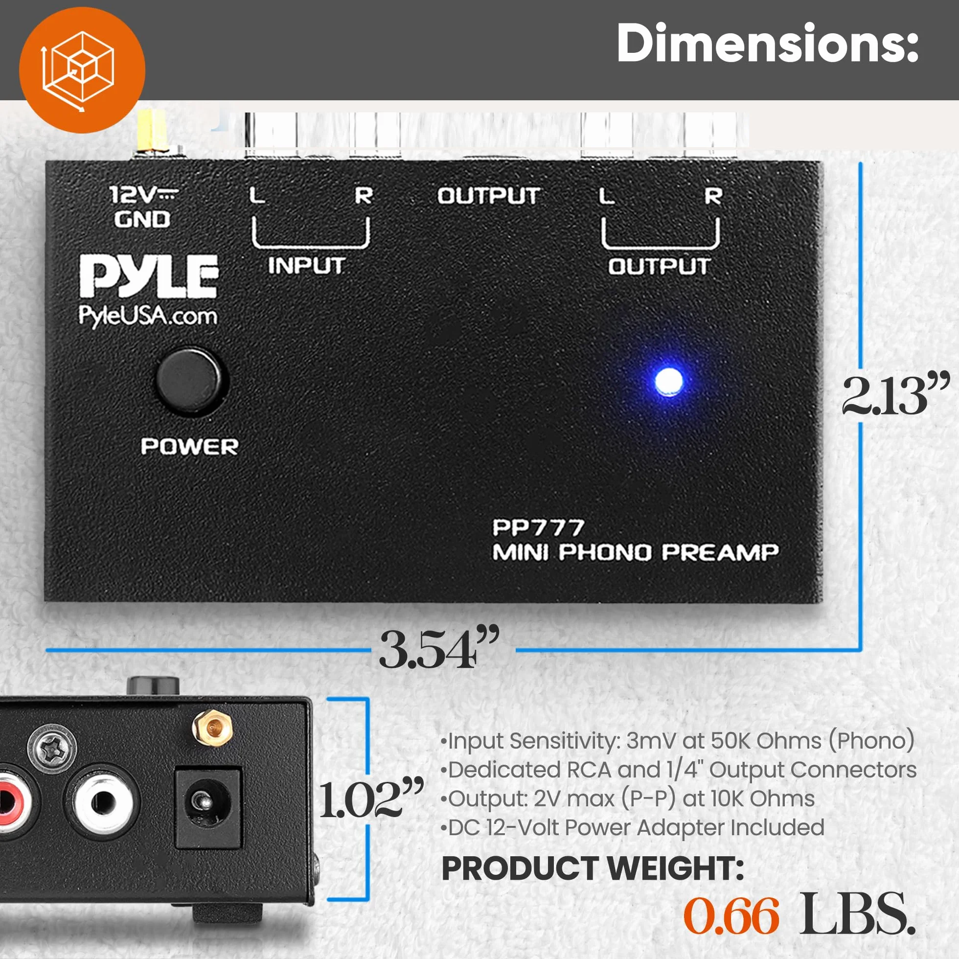 Pyle PP777 gramofon przedwzmacniacz mini stereo RCA DC 12V