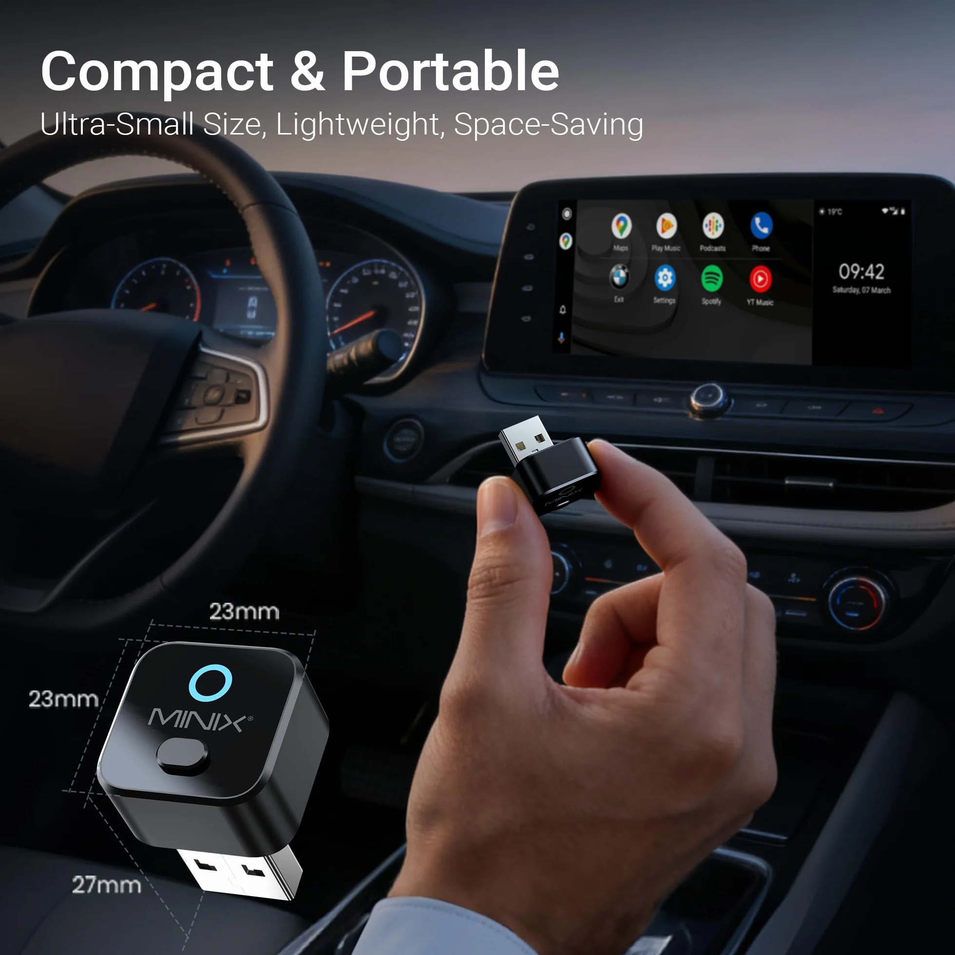 MINIX CA525 Mini bezprzewodowy adapter CarPlay i Android Auto, ulepszony 2 w 1 2026, przewodowy do bezprzewodowego dongla, przełącznik jednym przyciskiem, Plug & Play USB-A/C, WiFi 6 i Bluetooth 5.4