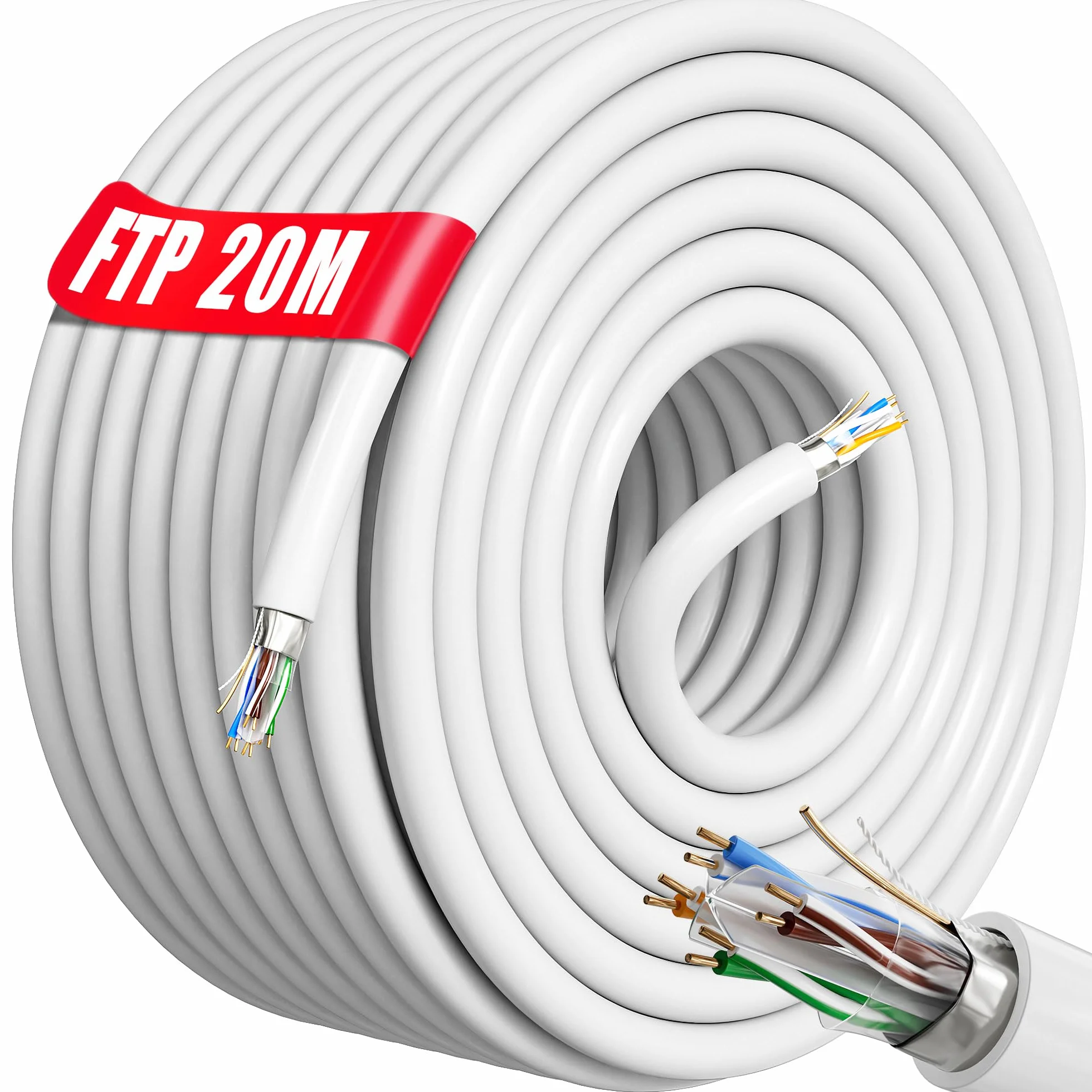 Kabel Ethernet 20m Sieciowy Ekranowany FTP PIMF CCA Kat 6 Wodoodporny Gigabit Biały