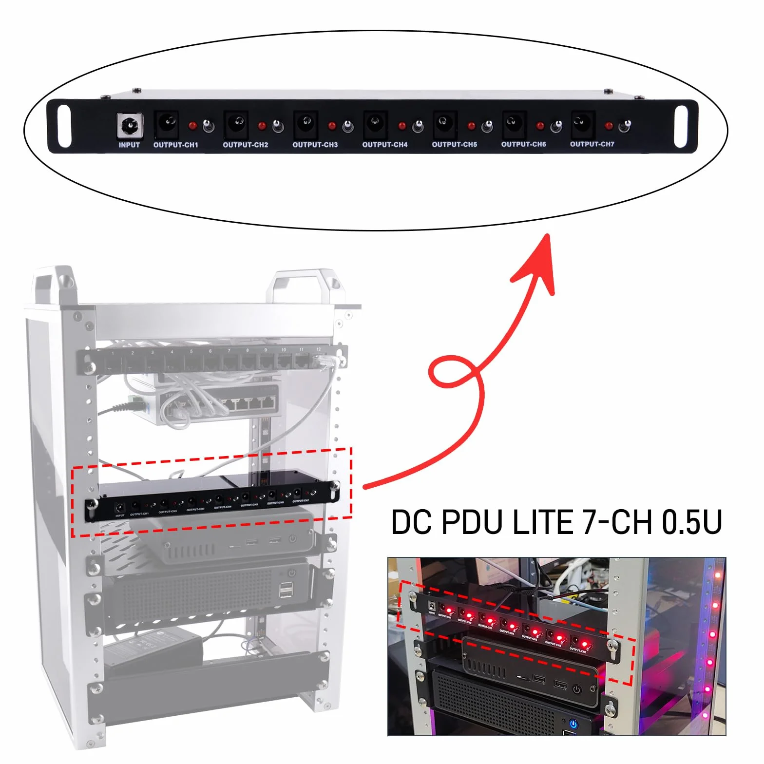 GeeekPi 10-calowy rack PDU DC PDU Lite 7-CH 0.5U Rack-Mount Power Distribution Unit