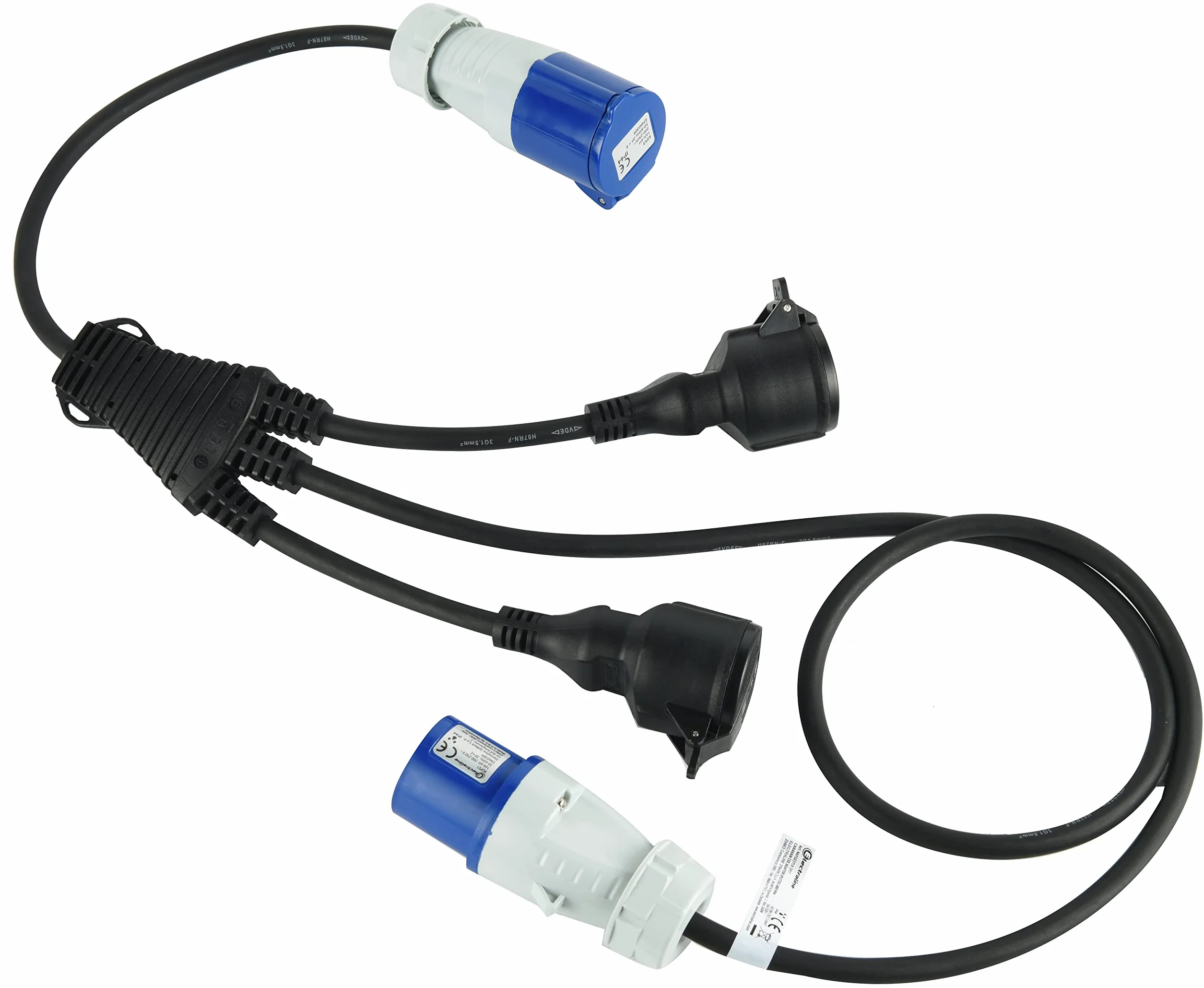 Electraline 46152 3-drożny przedłużacz przemysłowy z 2 gniazdami Schuko + 1 gniazdo przemysłowe CEE, wtyczka CEE, IP44, gumowy kabel H07RN-F 3G1,5 mm, długość 1,5 m, czarny